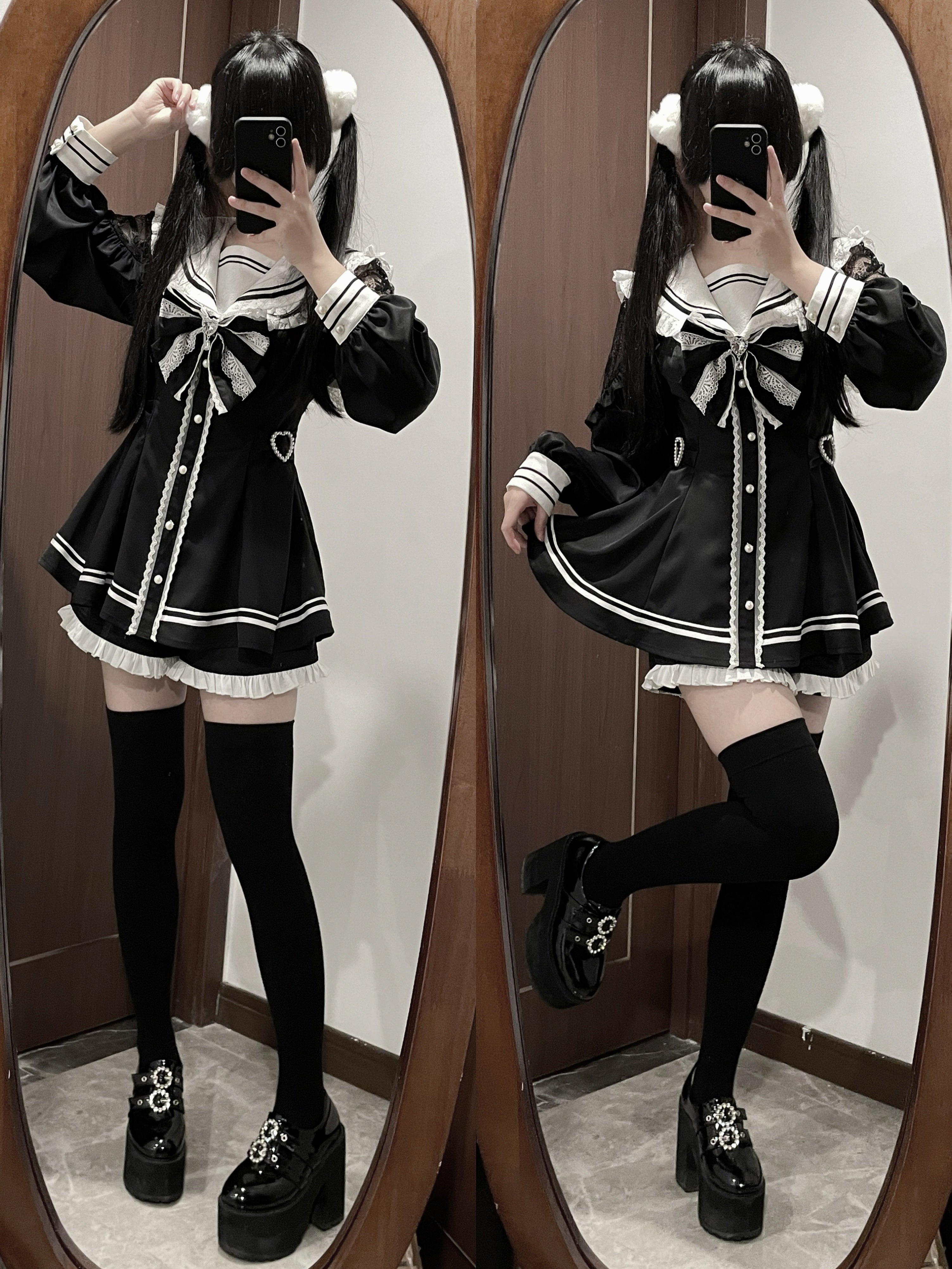 Sailor Jirai Kei dress set black variant twin models mirror selfie full outfit coordination styling