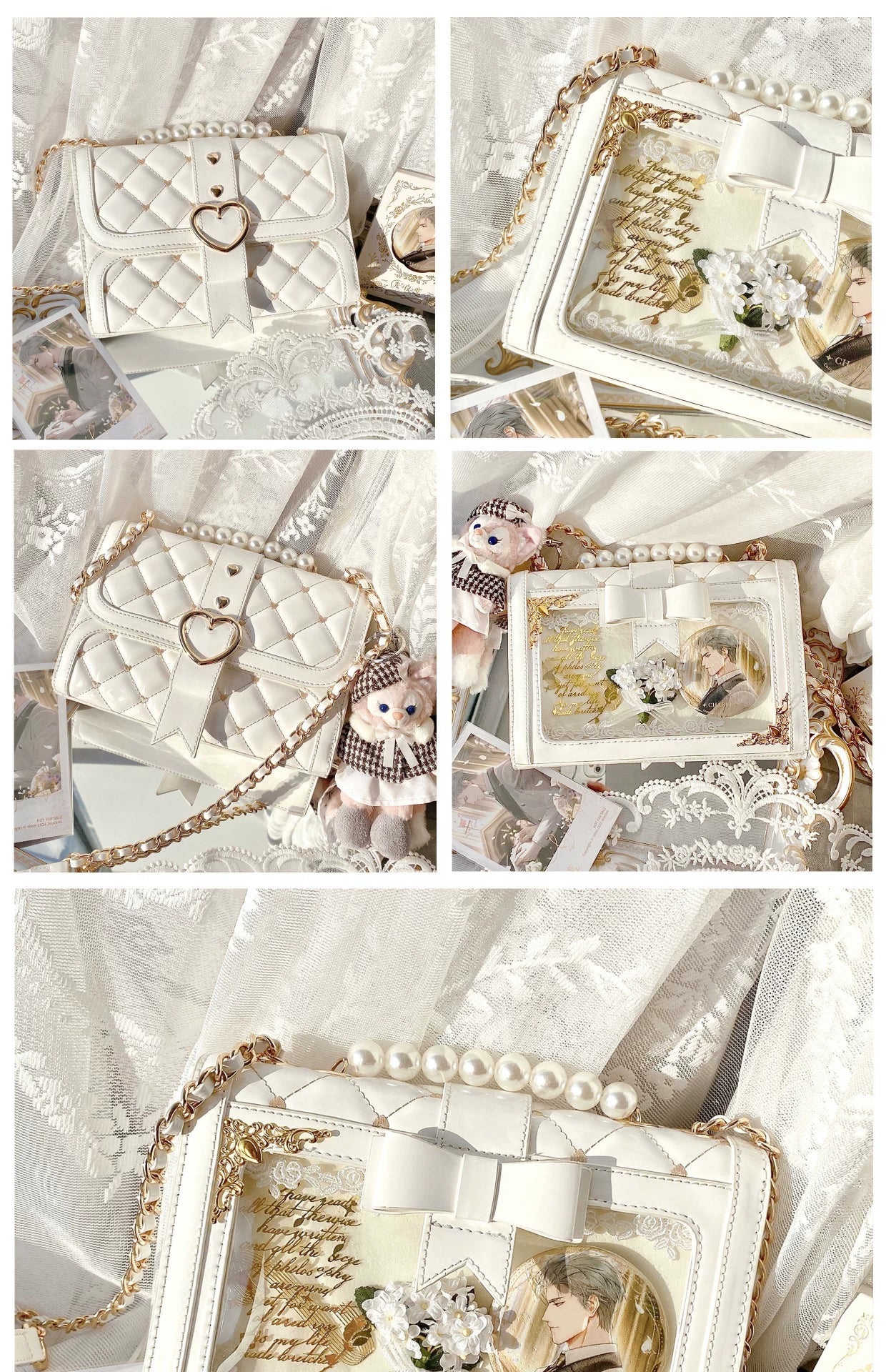 Jirai kei rhombus quilted ita shoulder bag with removable bow and transparent display window for anime pin collection