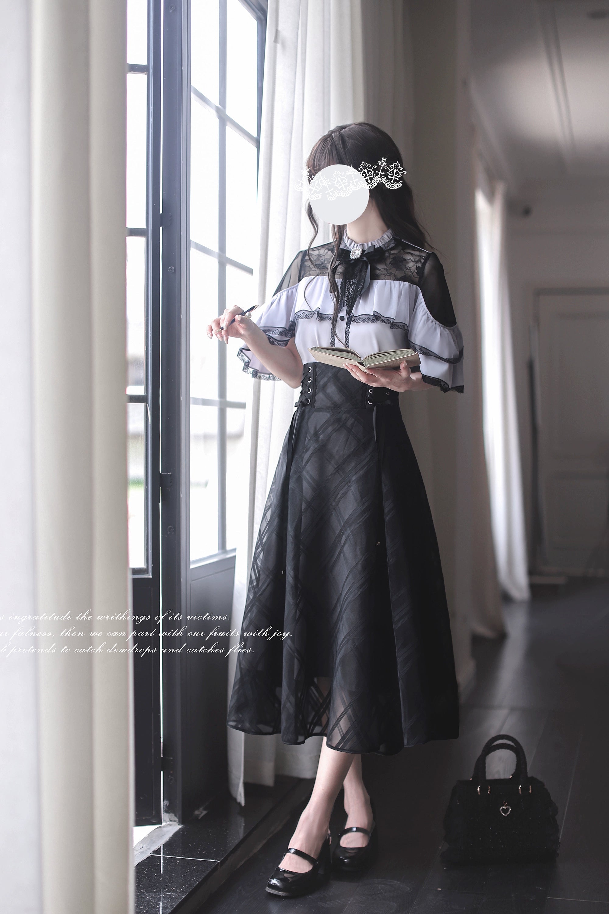 Black maxi Jirai Kei skirt with lace-up waist adjustable closure, sheer layered design detail product closeup photography