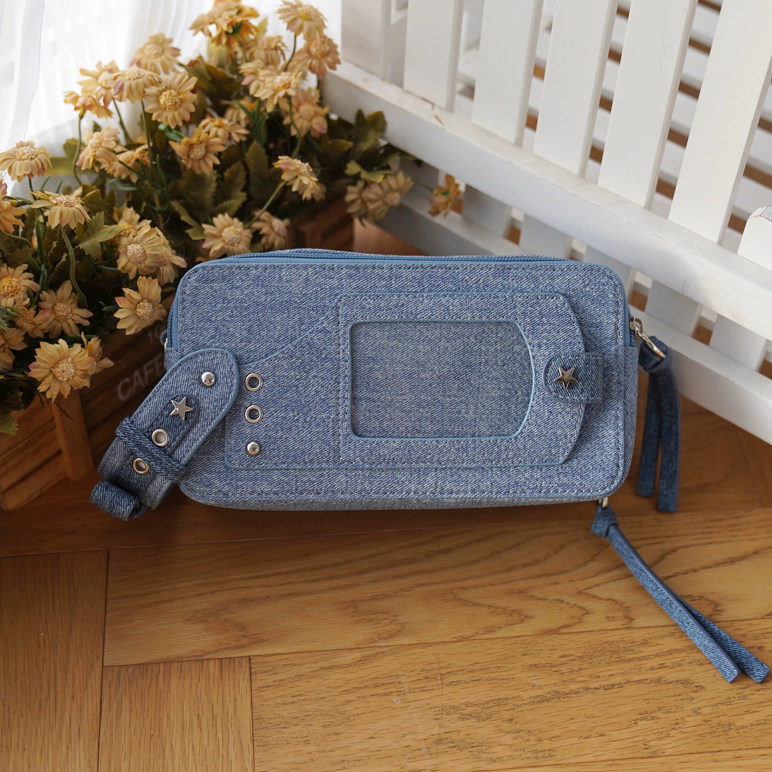 Jean blue jirai kei brick itabag crossbody sophisticated cool tone anime print display window bag