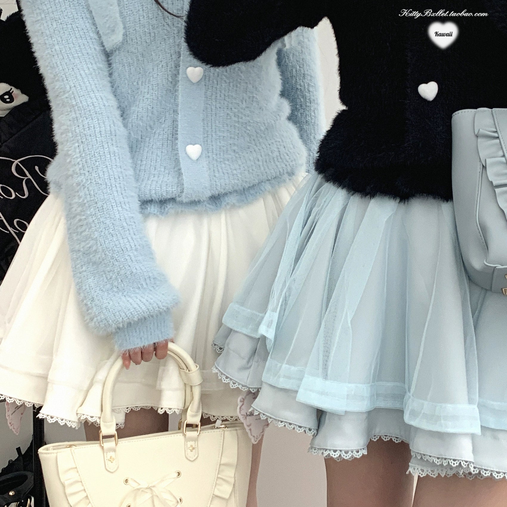 Pink tulle Jirai Kei mini skirt detailed product shot showing the double-layer silhouette and adjustable waistband