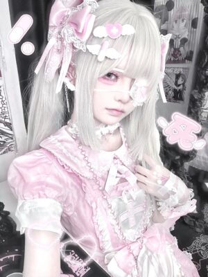 Pink-white sweet gothic lace bow hair clip featuring cross and heart rhinestone decorations worn by cosplayer with eye patch accessory