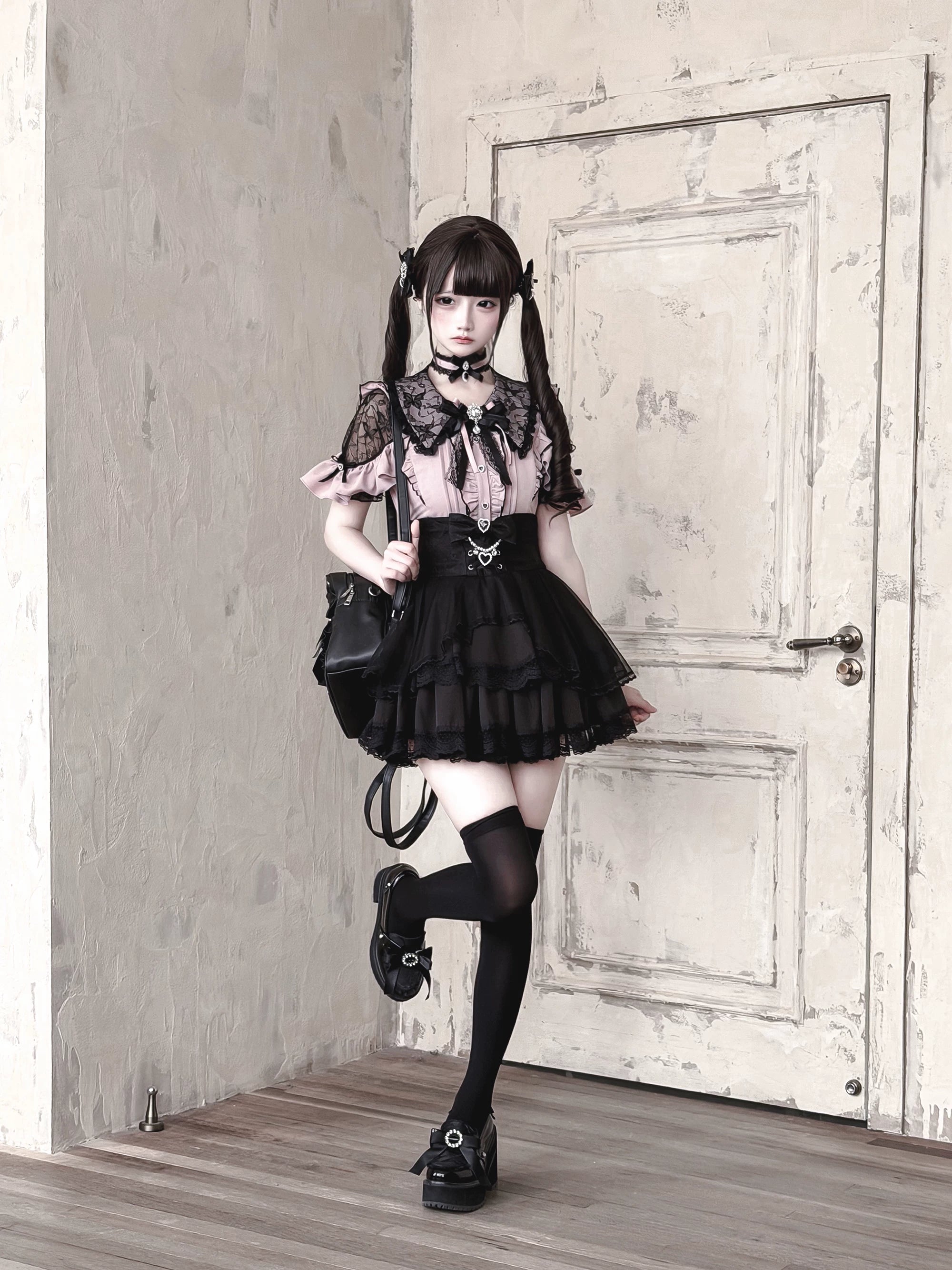 Red and black Jirai Kei blouse lace ruffle collar and ruffle sleeve design architectural view