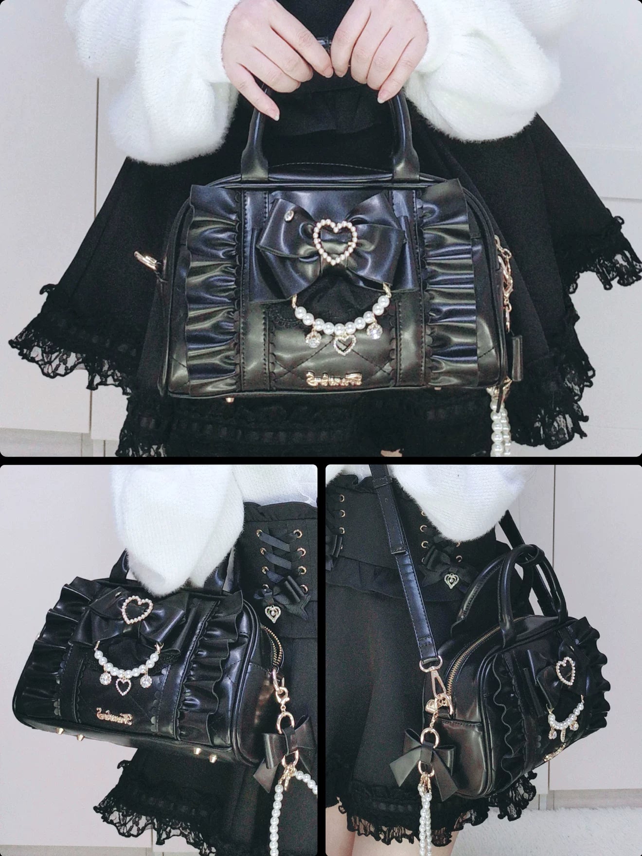 Jirai Kei handbag crossbody strap detail photography showing adjustable length and pearl chain accent design