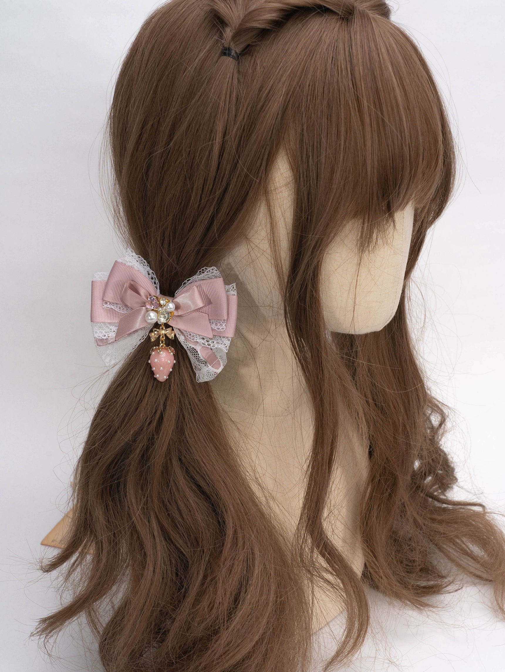 Dusty pink strawberry Jirai Kei hairpin with delicate lace and rhinestone accent romantic aesthetic