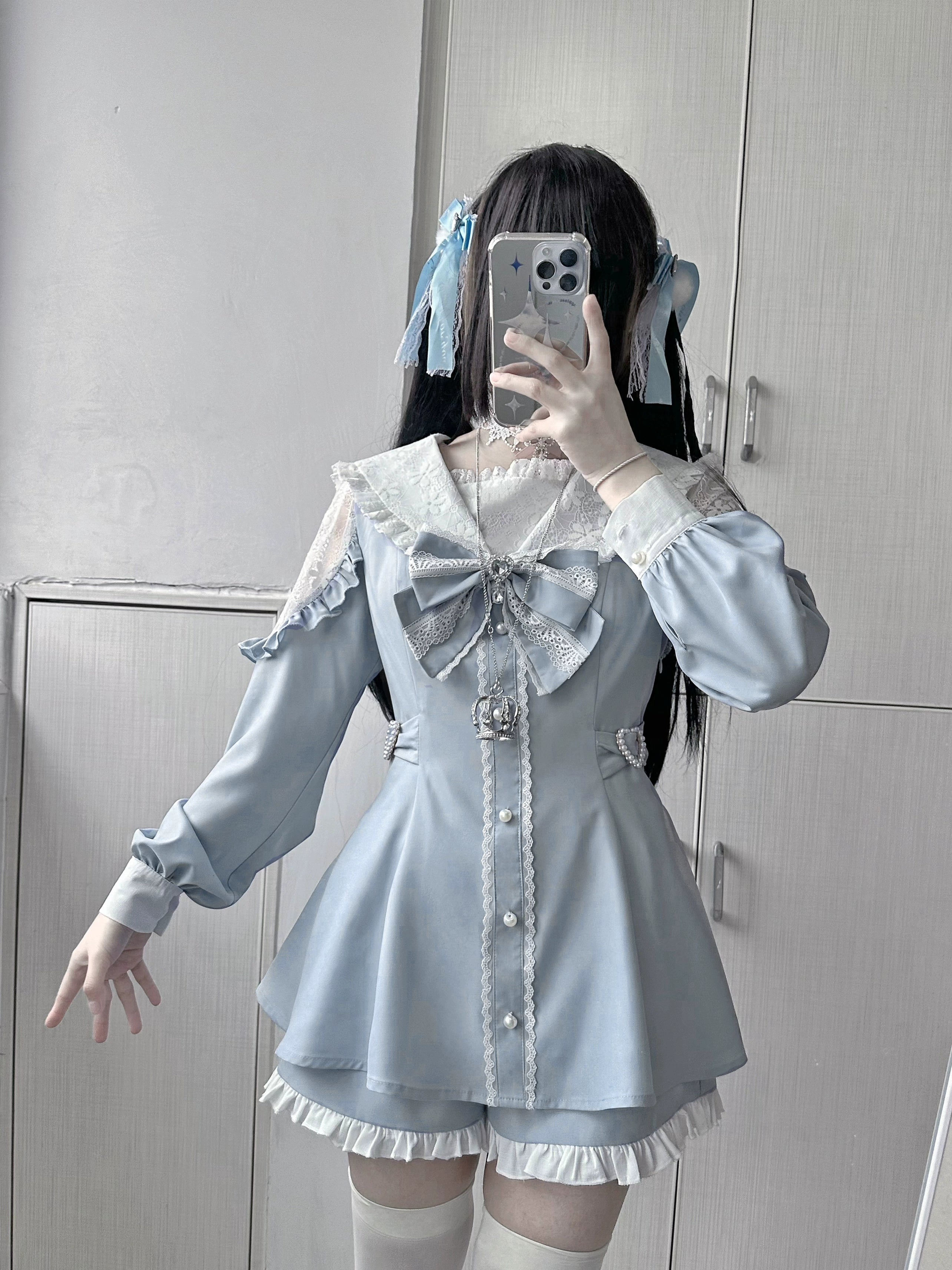 Sailor Jirai Kei dress set festival event ready styling with statement bow and platform shoes
