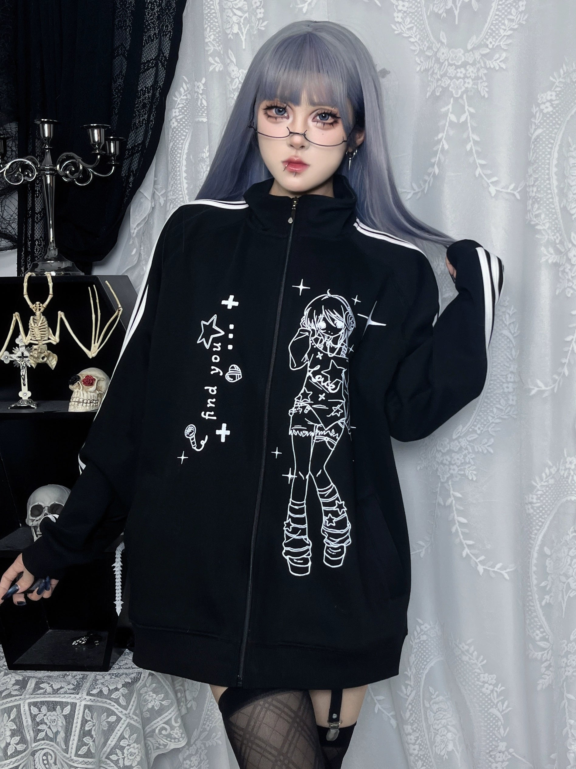 relaxed oversized silhouette black stand collar zip jacket with consistent front anime character prints, full front view gothic aesthetic