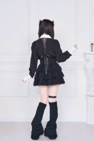 Jirai Kei two-piece outfit back view lace-up blouse high-waisted tiered skirt black leg warmers