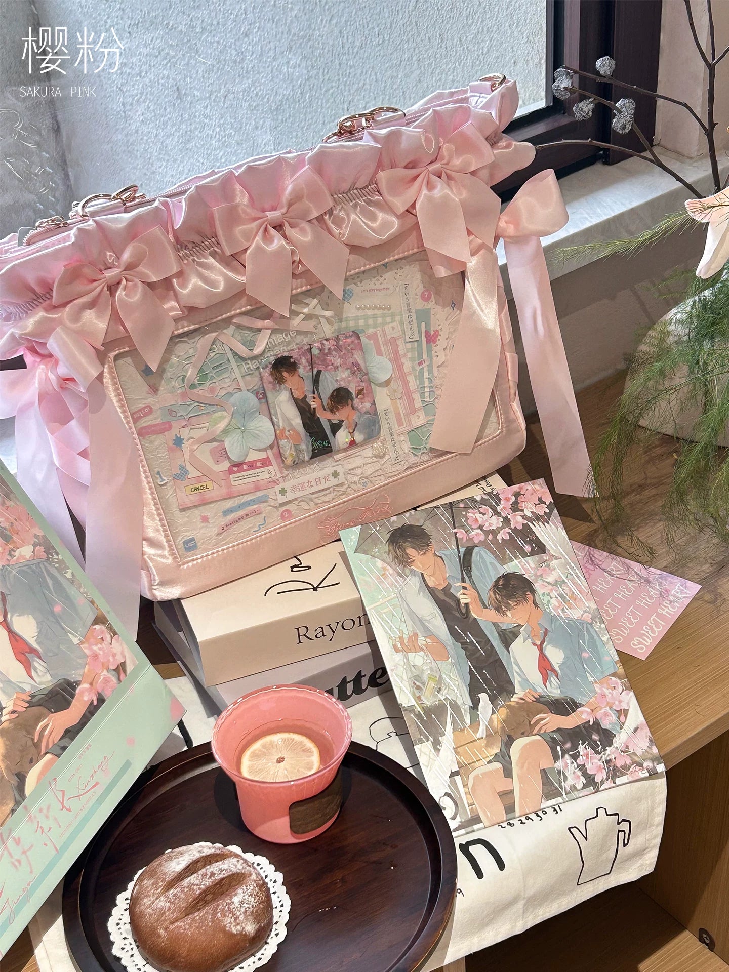 Jirai Kei itabag mint chocolate variant showing dual-tone color palette with satin bows clear display and premium construction