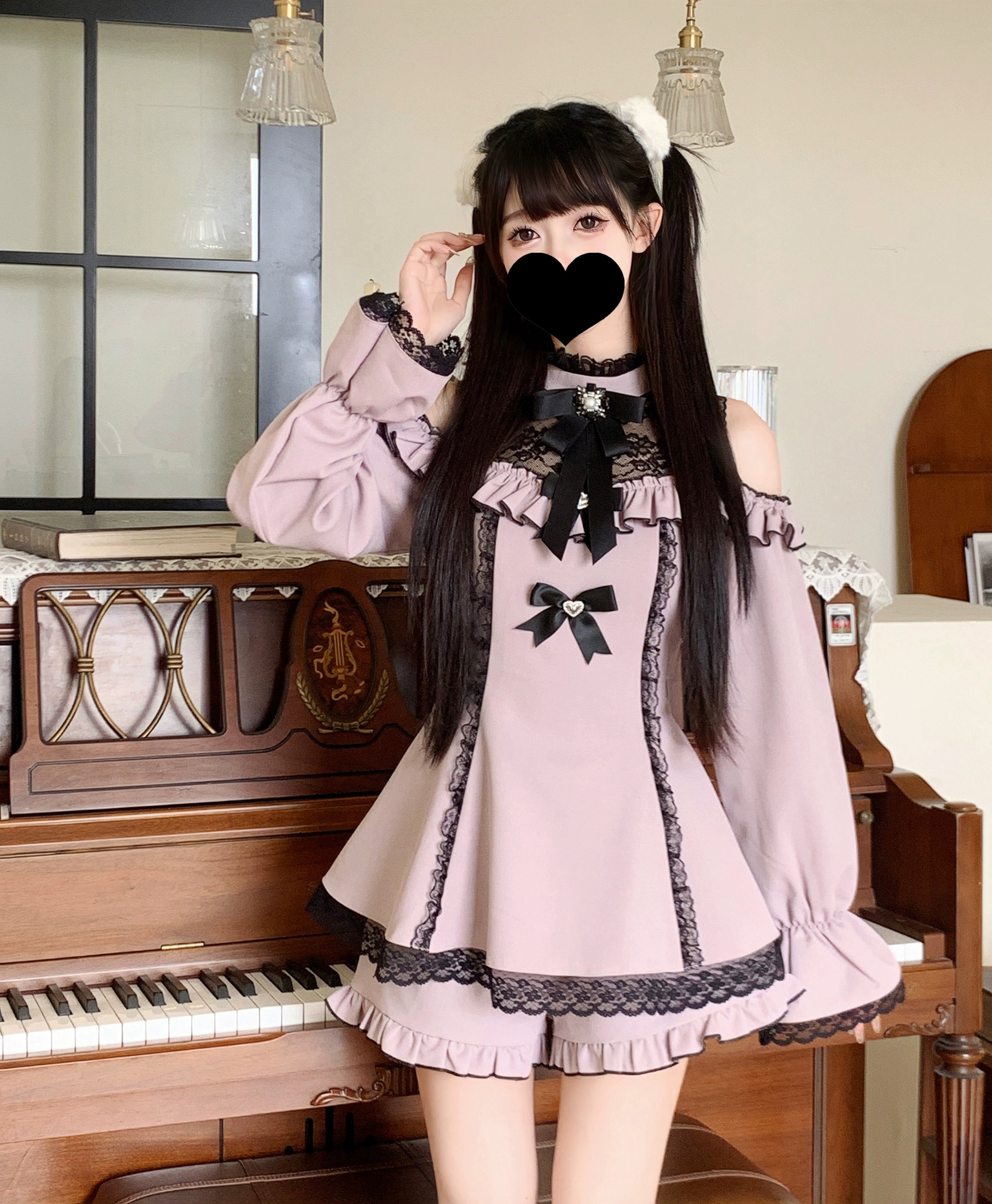 Purple off-shoulder Jirai Kei dress shorts ensemble with lace trim and bow details full length view