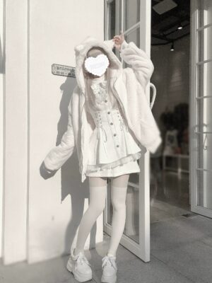 White soft faux rabbit fur cat ear hooded plush winter coat with cross charms, full-body standing view on model in lolita outfit, showcasing slim waist design and fuzzy texture