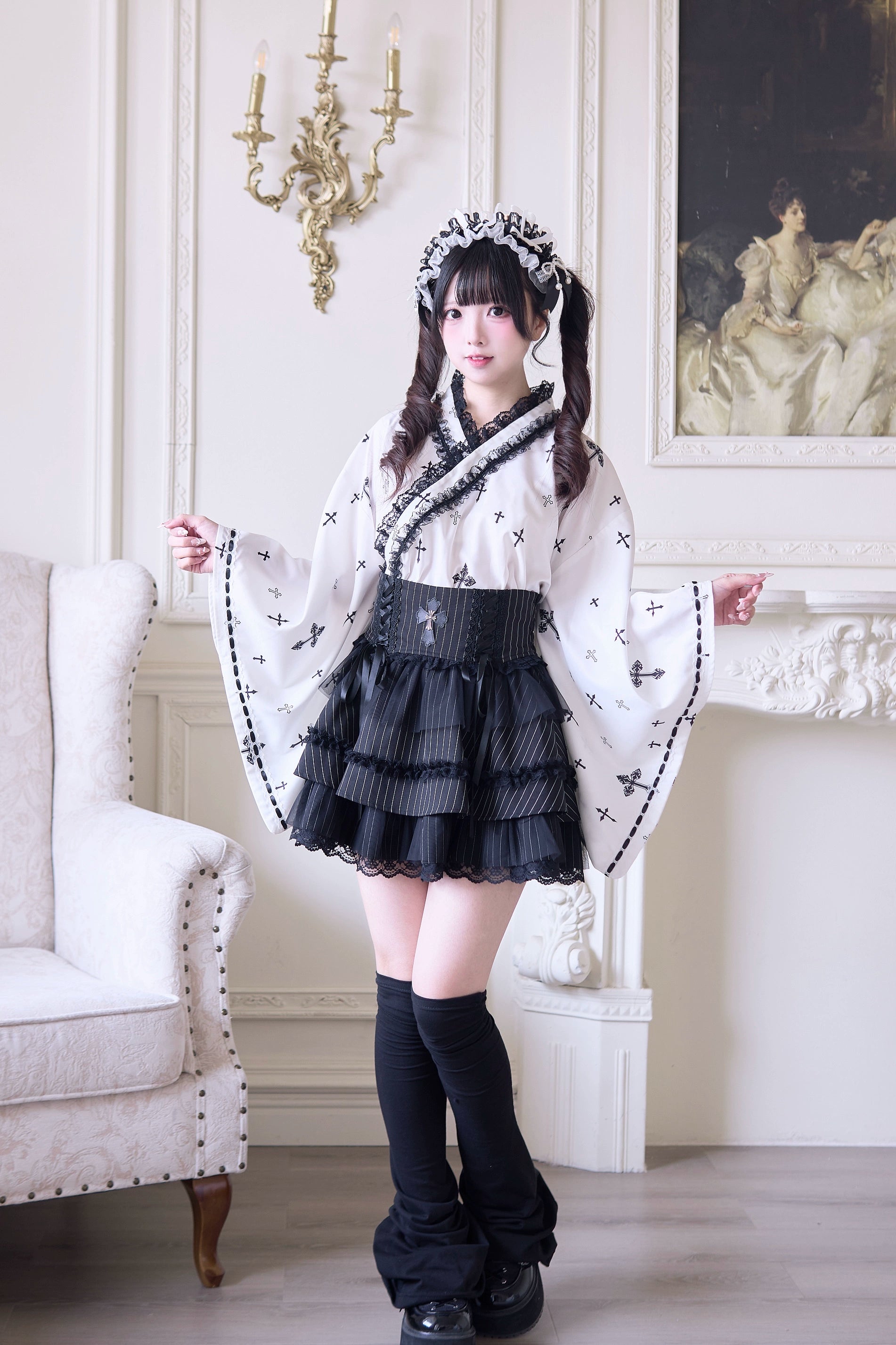 Jirai Kei outfit styling guide showing multiple color variations - white with black trim, black with white lace accents, and lavender purple cross print options