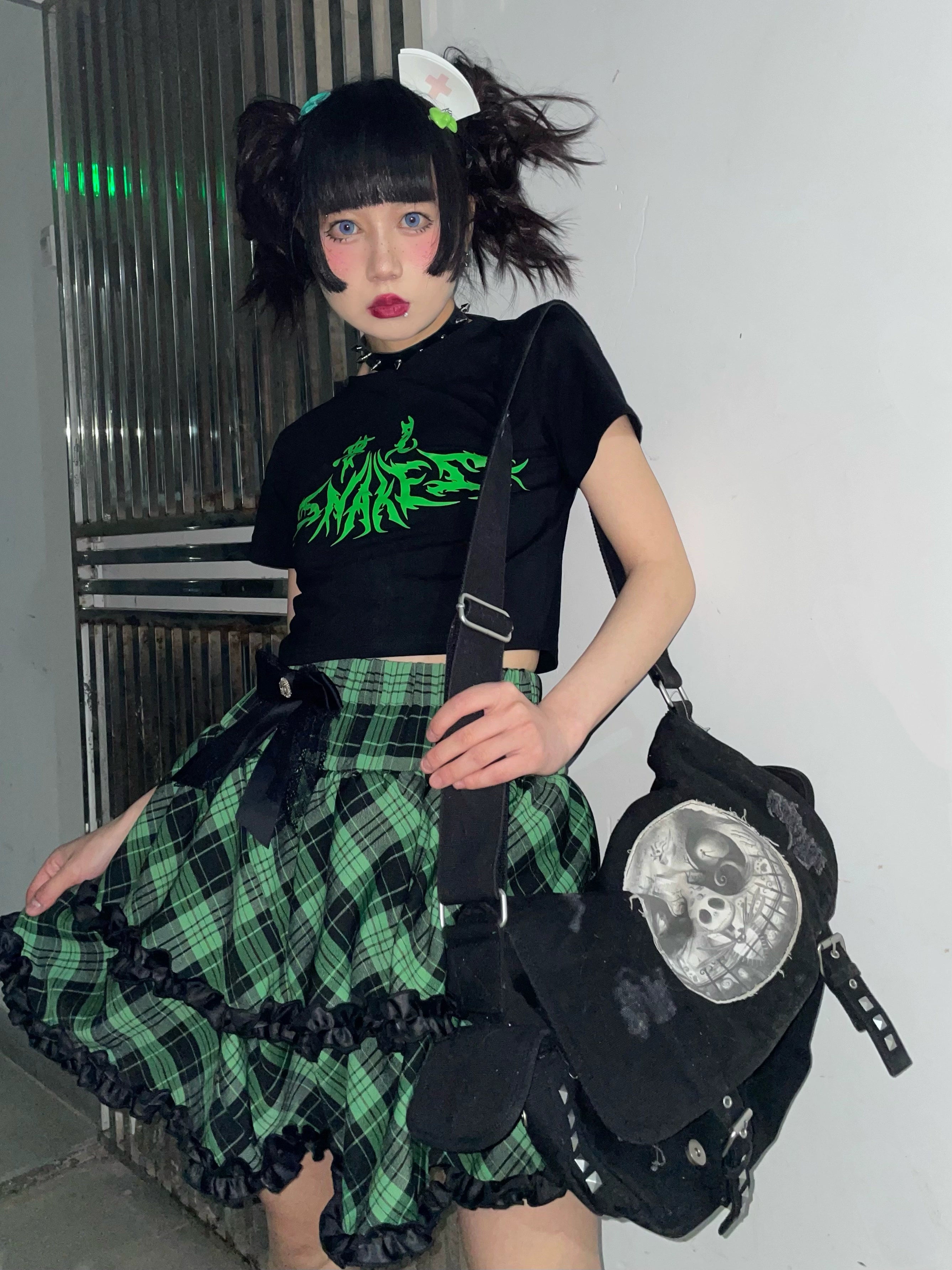 Blue-black plaid Jirai Kei ruffle skirt underground club aesthetic, alternative fashion movement representation