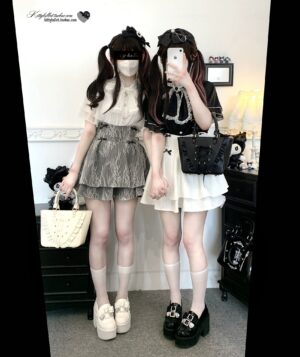 Jirai Kei twin lolita outfit full-body front double view showing caped chiffon blouse with ruffle layered skirt and platform loafers