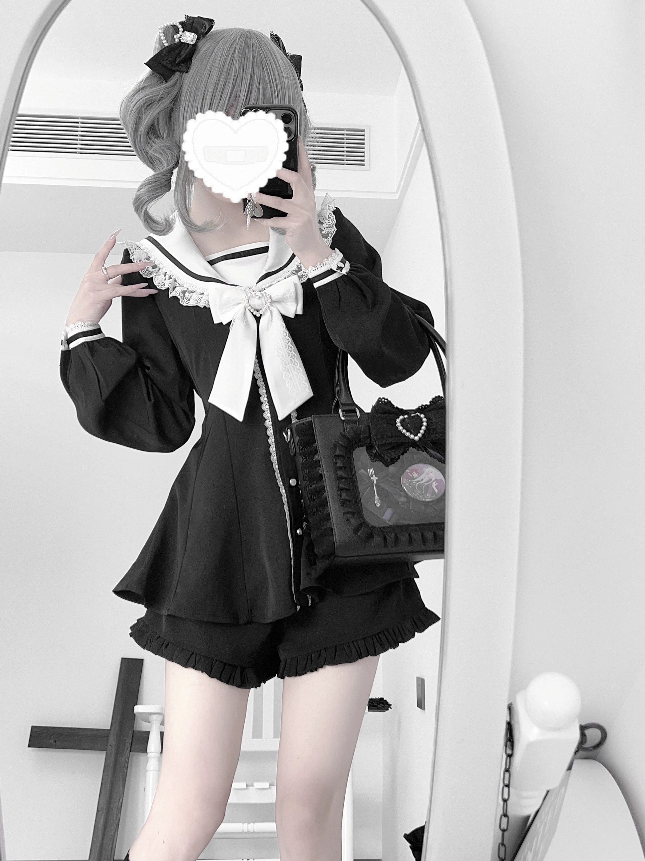 Jirai Kei black sailor collar dress with white lace bow, ruffled shorts and handbag, mirror selfie casual wear