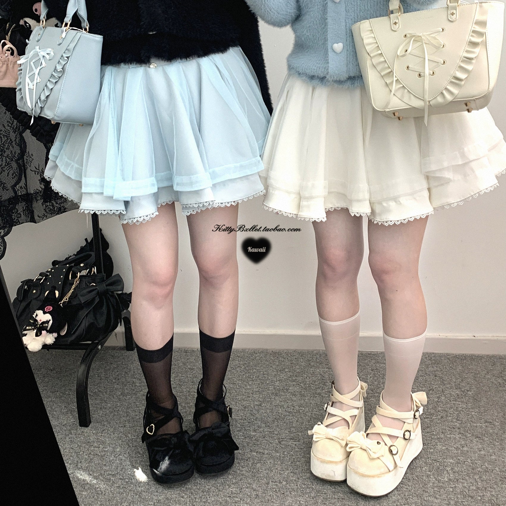 White tulle Jirai Kei mini skirt detailed flat lay photography showing rhinestone embellishments and polyester tulle quality