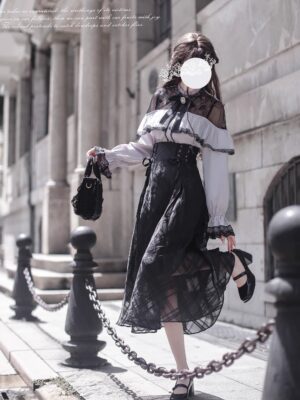 Gothic lolita two-piece ensemble with lace-up skirt side profile vintage street styling jirai kei fashion