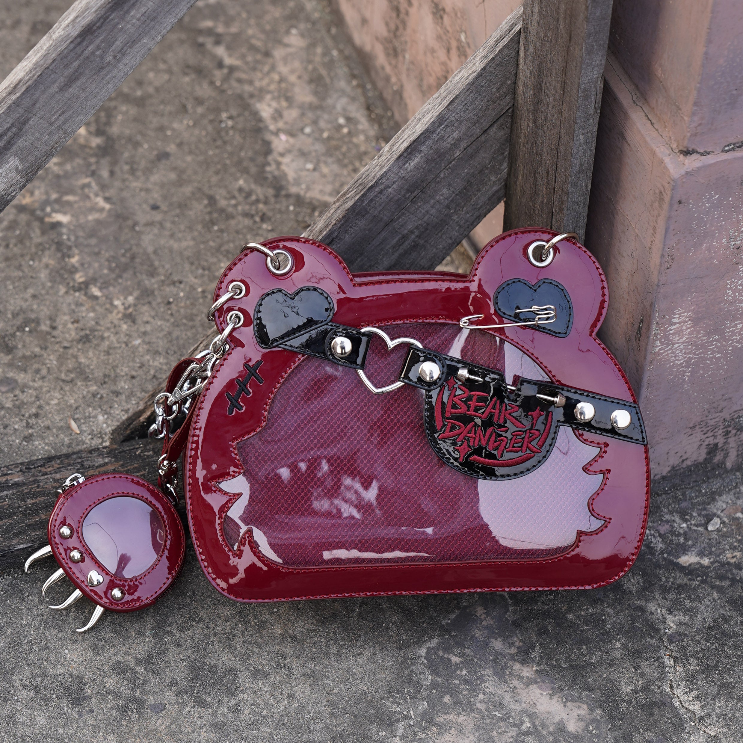 Burgundy wine red patent leather bear-shaped ita bag with punk metal decor and bear paw coin purse, spicy jirai aesthetic