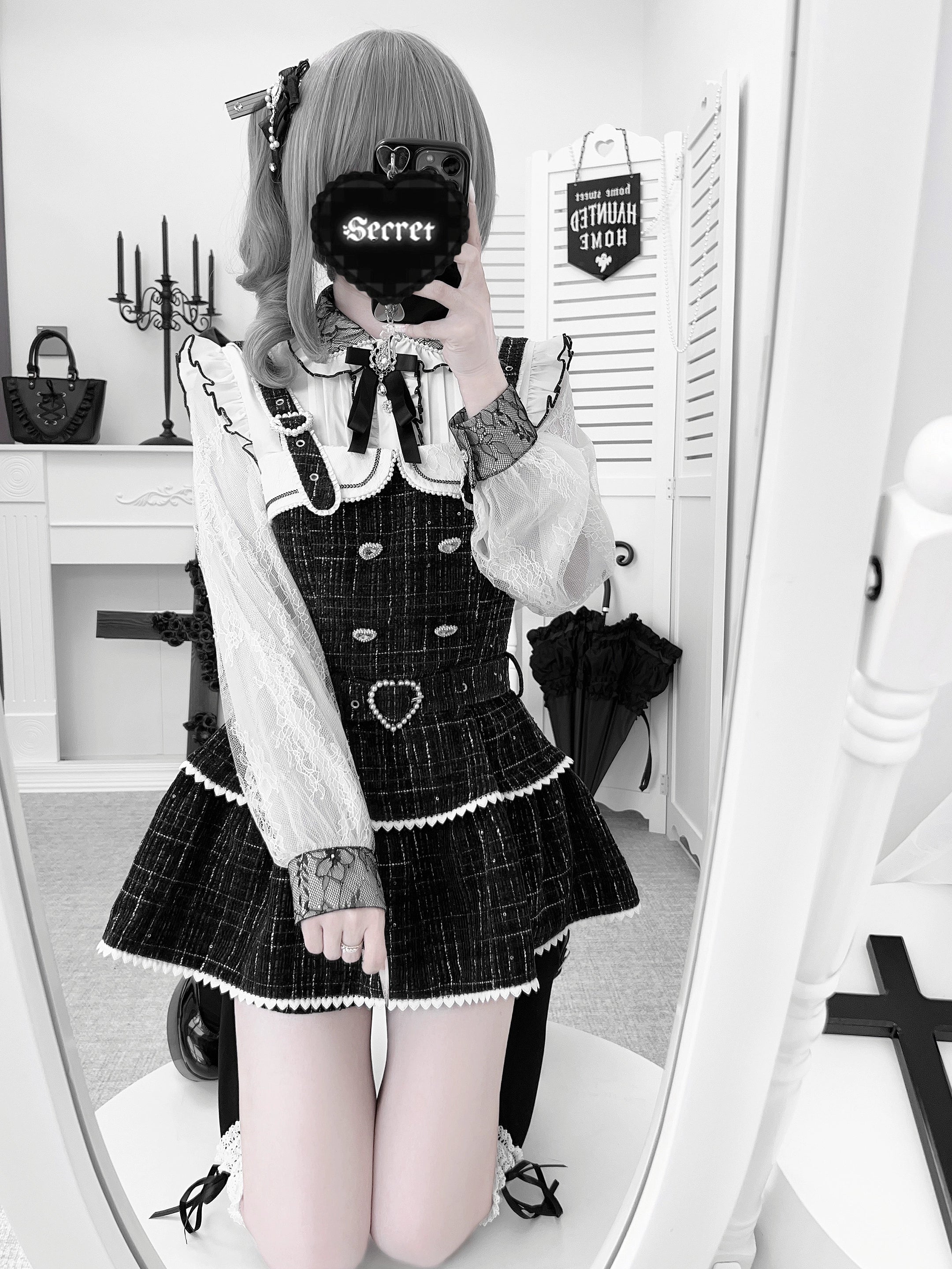 Jirai Kei blouse styled outfit mirror selfie grey-haired model wearing blouse with black tweed dress vanity room