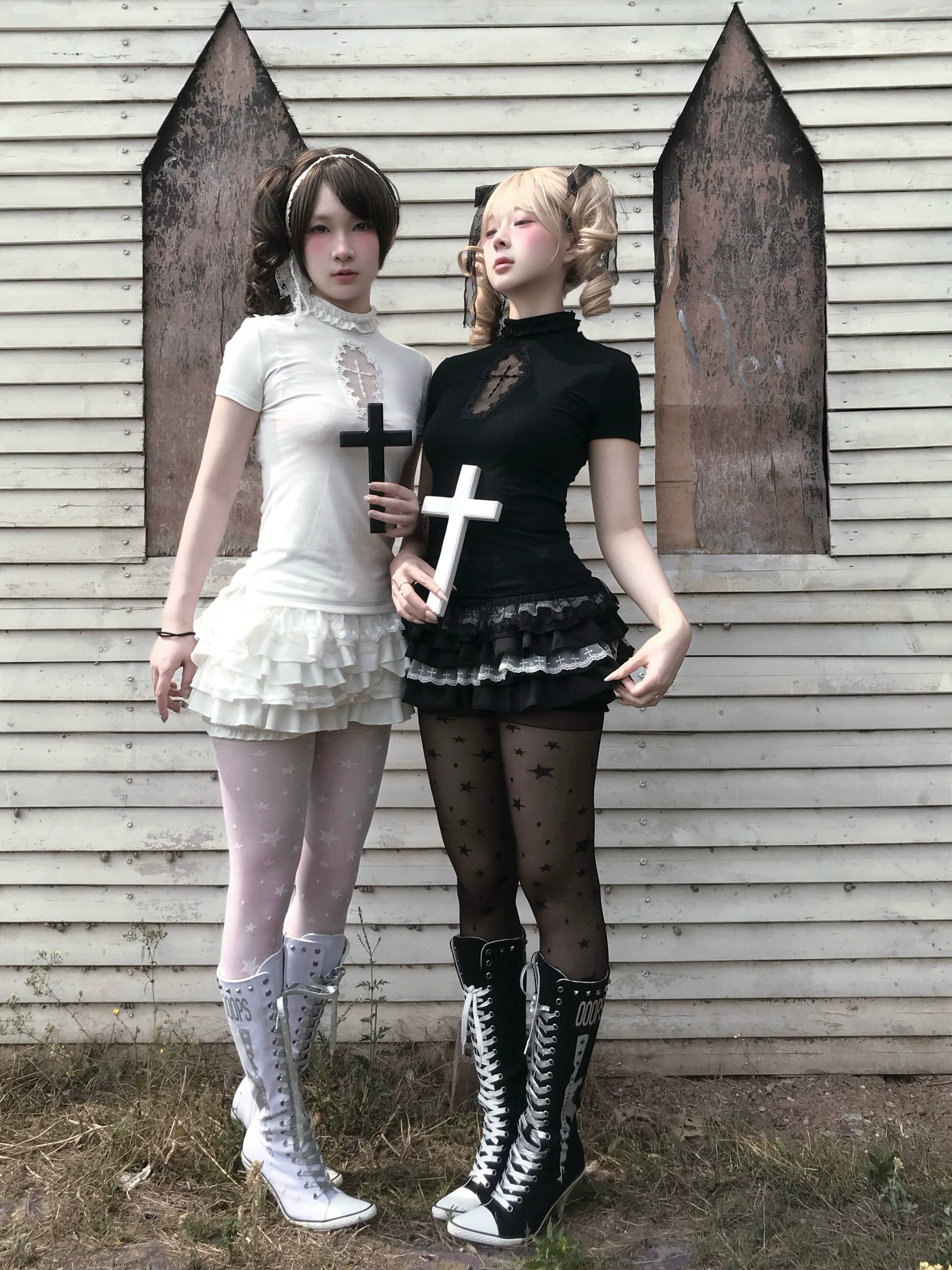 Gothic Jirai Kei cross-top and tiered bloomers product flat lay showing sheer tulle lace and construction