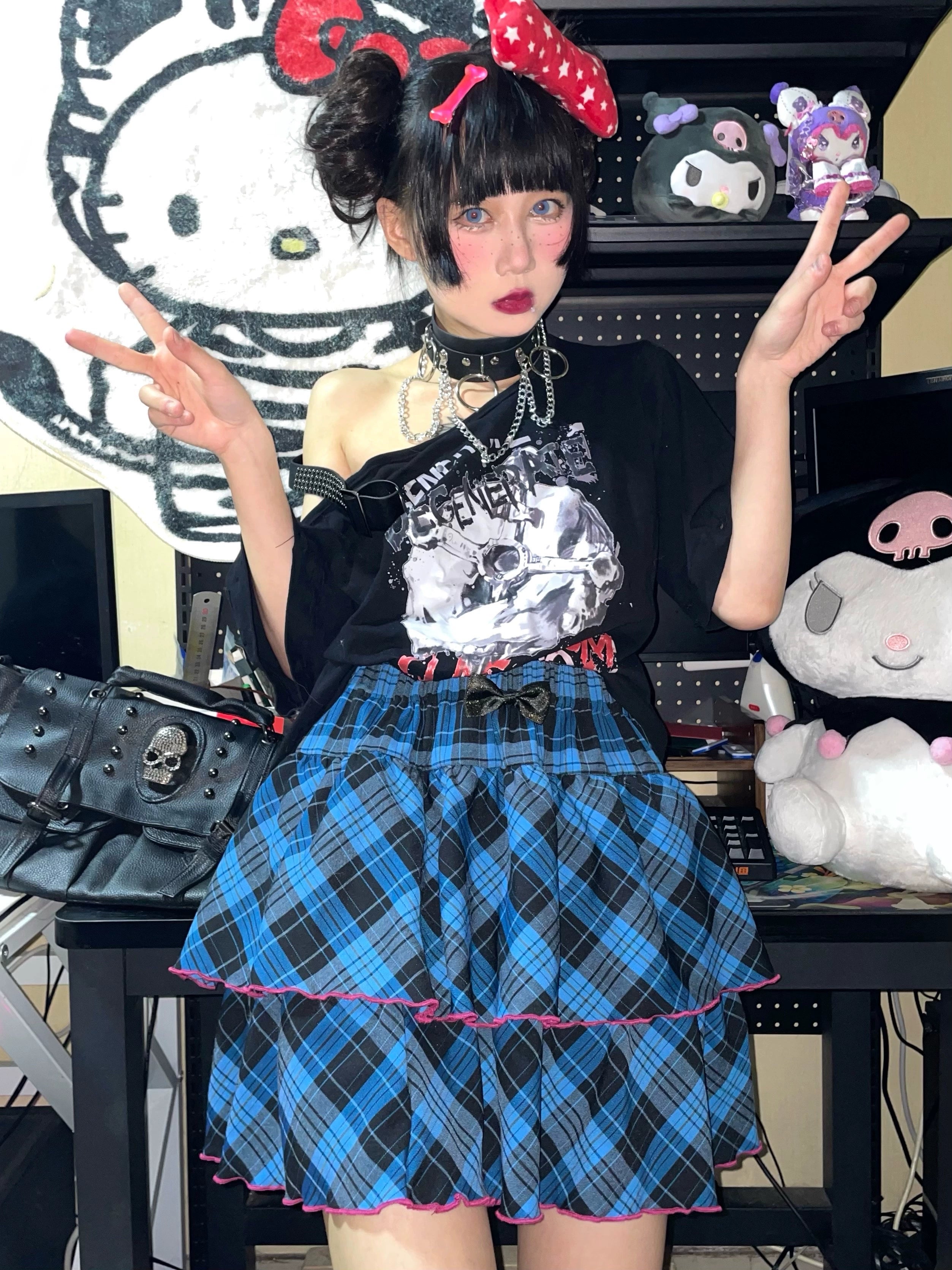 Blue-black plaid Jirai Kei ruffle mini skirt statement bow waist detail, elegant accessory coordination for alt fashion