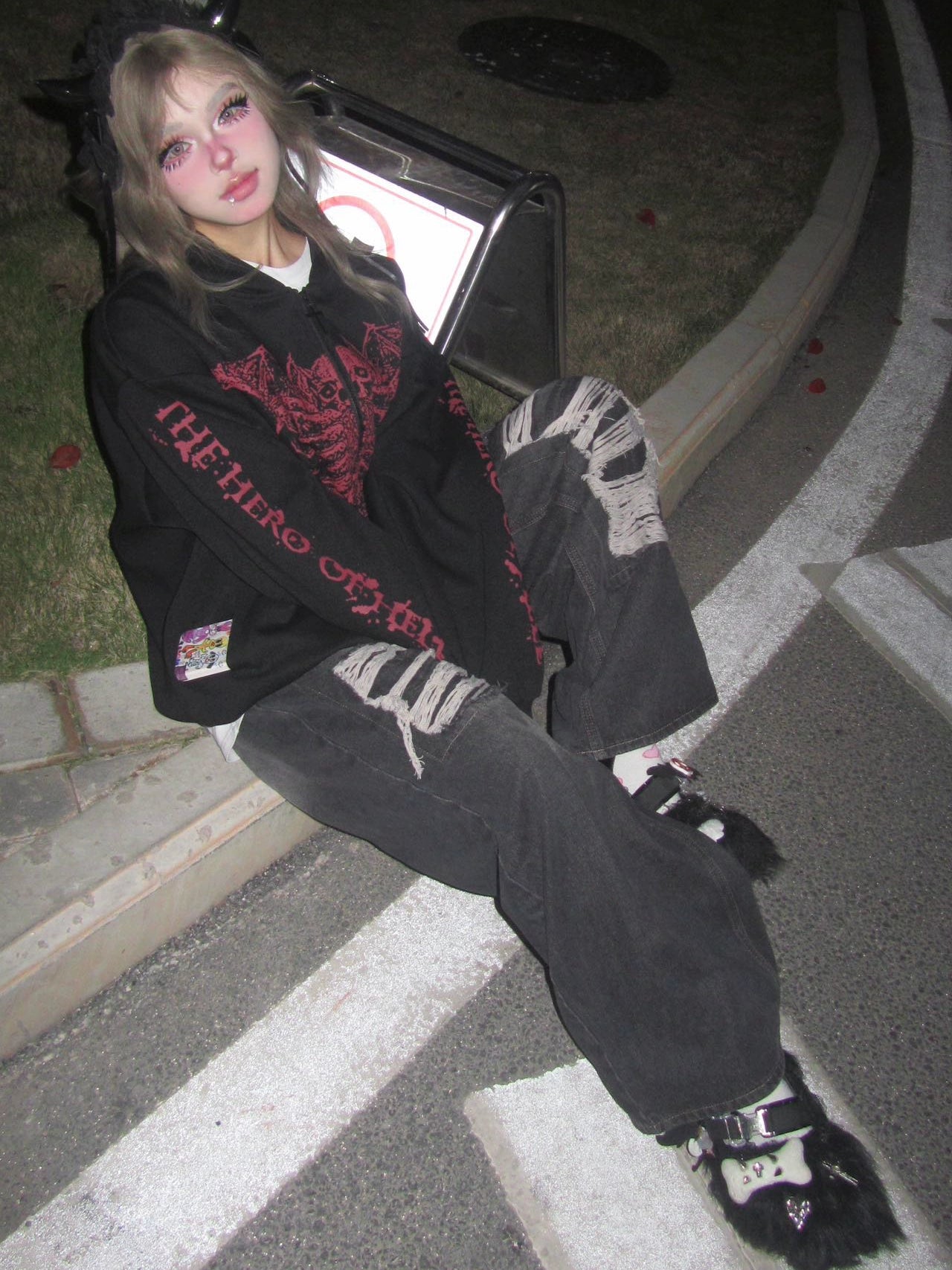 Jirai Kei hoodie styling inspiration gallery showing complete outfit combinations with chains chokers and platform boots for full goth punk aesthetic