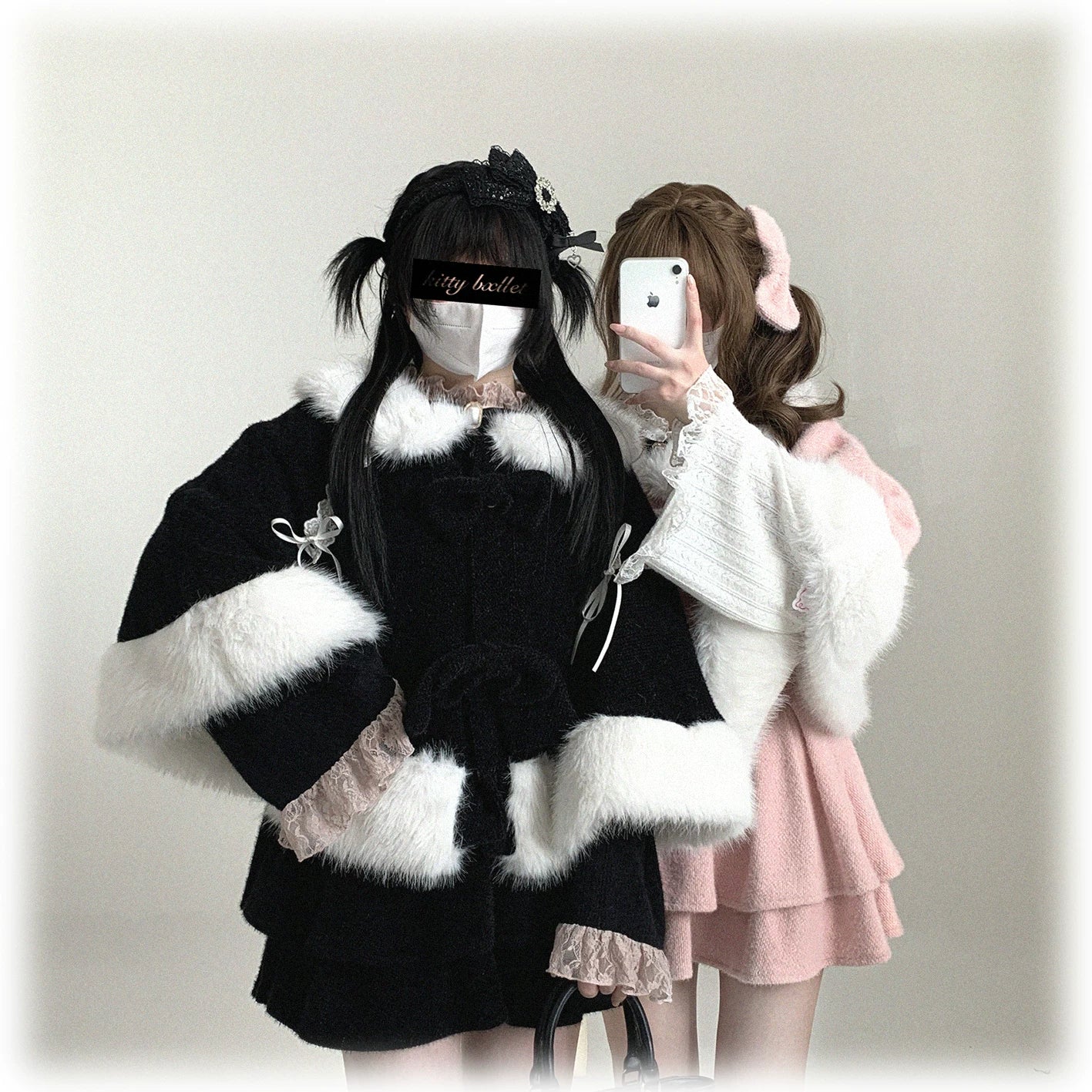 Jirai Kei bunny ear winter cape photoshoot styling with props and themed background for social media content