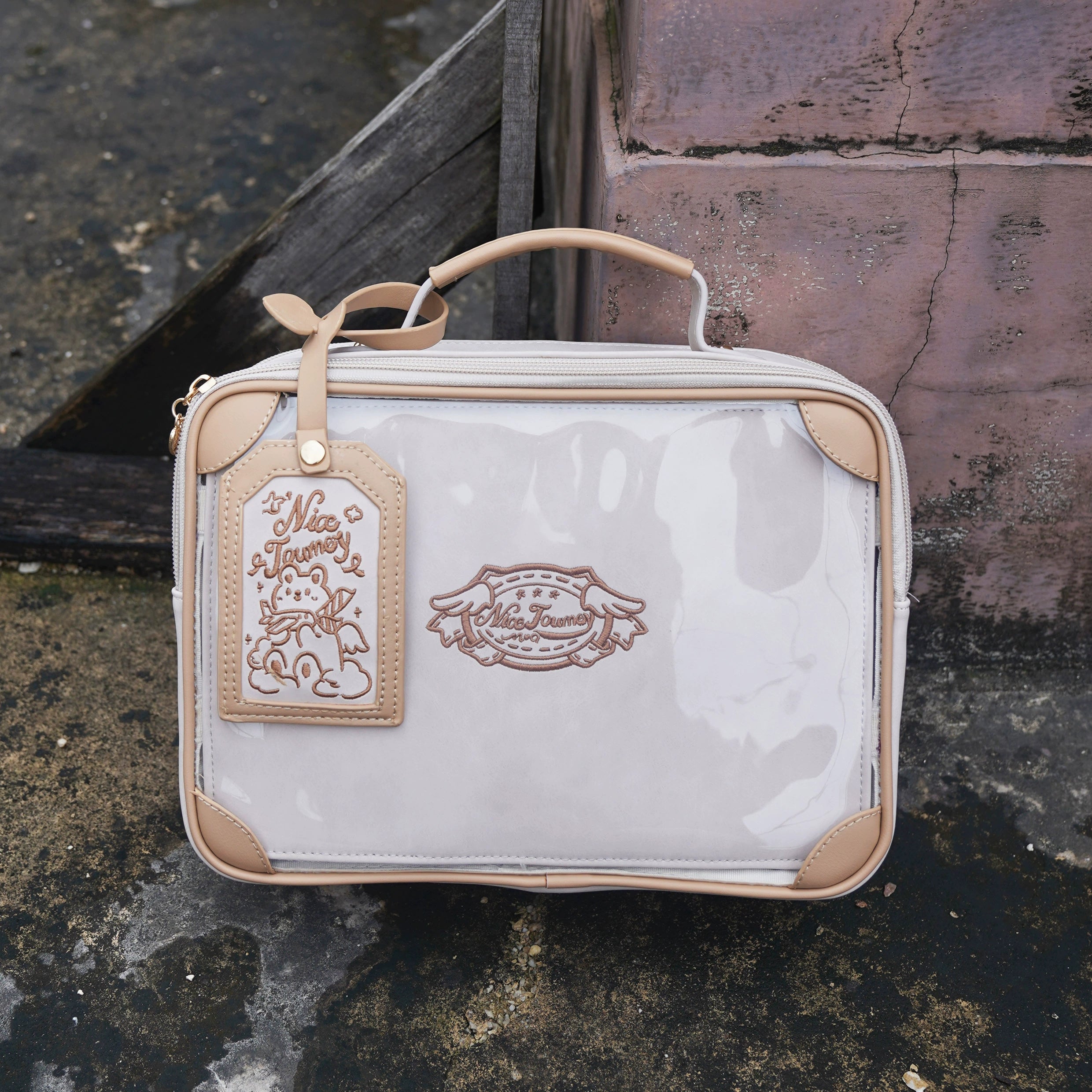 Cream grey jirai kei vintage square itabag full product view front transparent display two-tone leather trim neutral aesthetic color variant