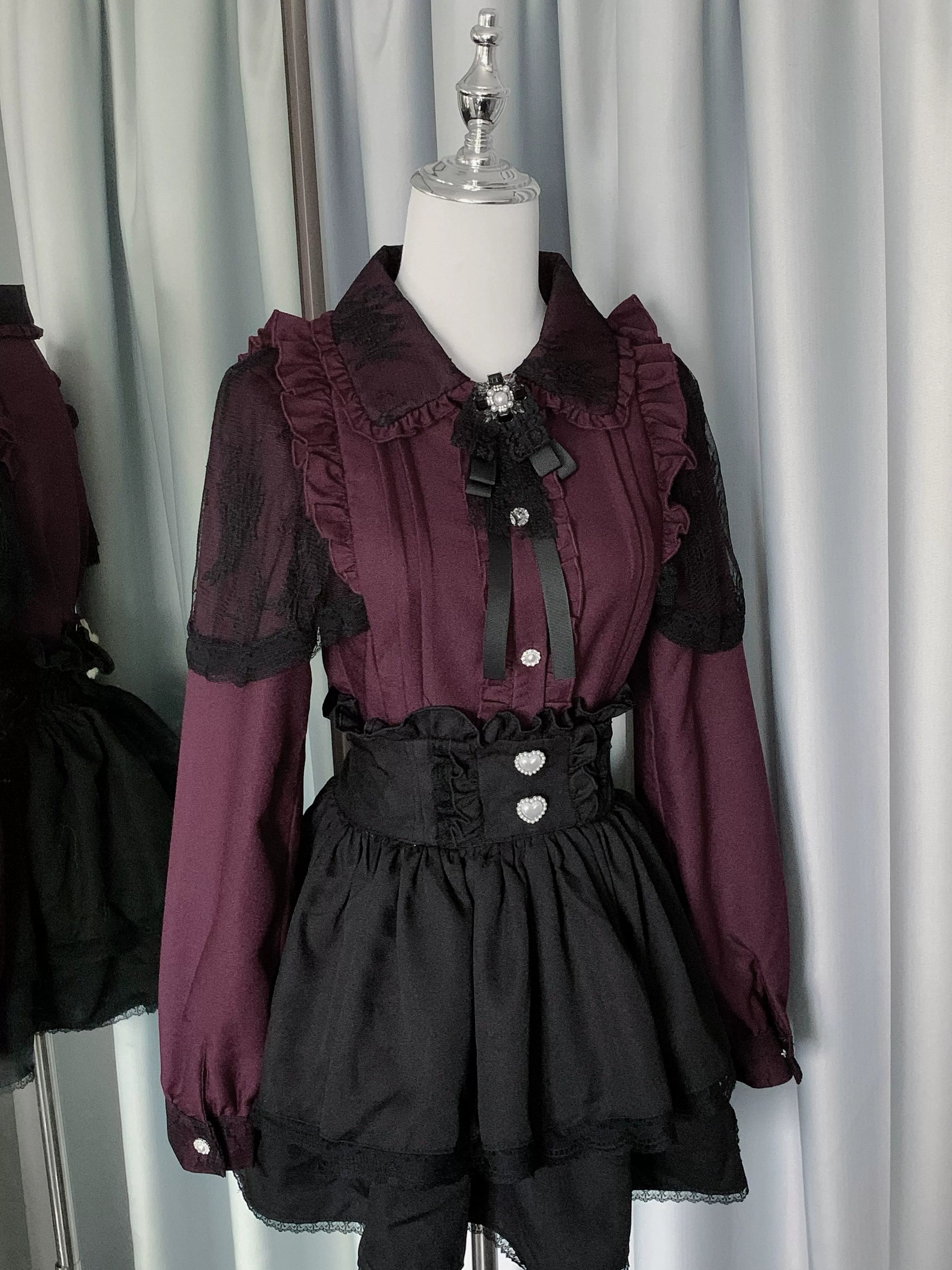 Jirai Kei dark red burgundy lace blouse with heart-shaped waist buckles sheer ruffled sleeves front display