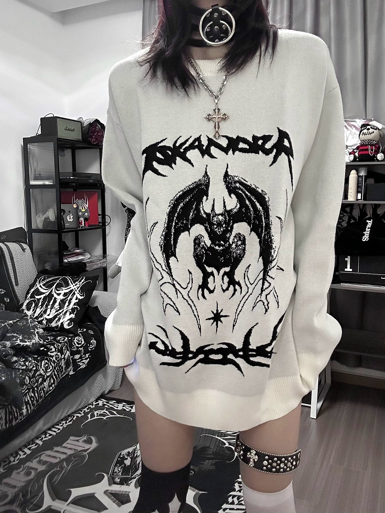 Gothic knit bat sweater color comparison white base with bold black embroidery contrast styling option