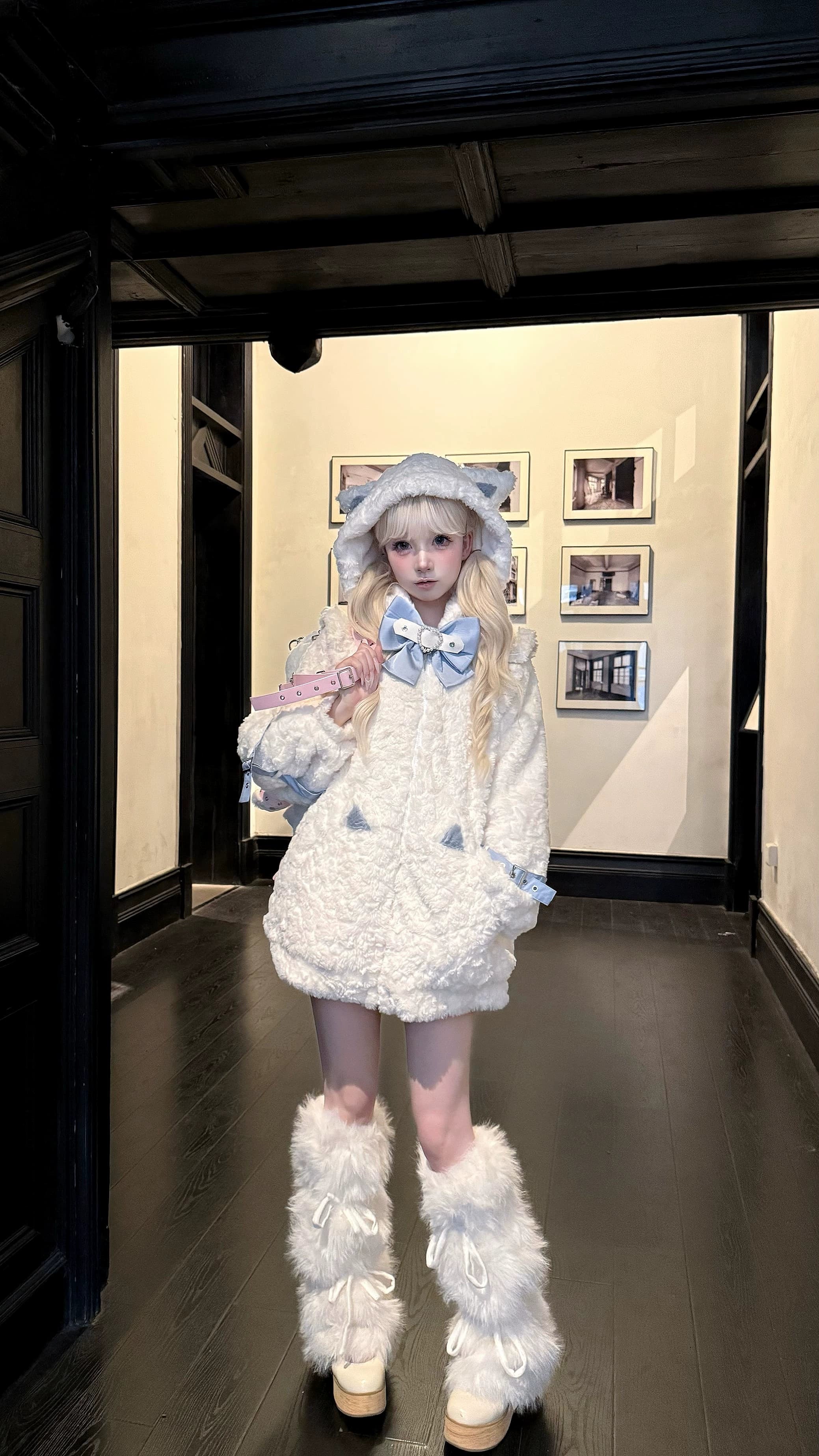 Jirai Kei cat ear fleece coat seasonal styling, winter fashion example, layering demonstration, and cold weather wear functionality