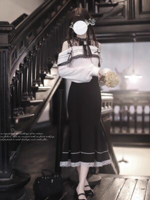 Seiso Kei off-shoulder mermaid skirt outfit full front view cold-shoulder lace blouse black-white vintage aesthetic
