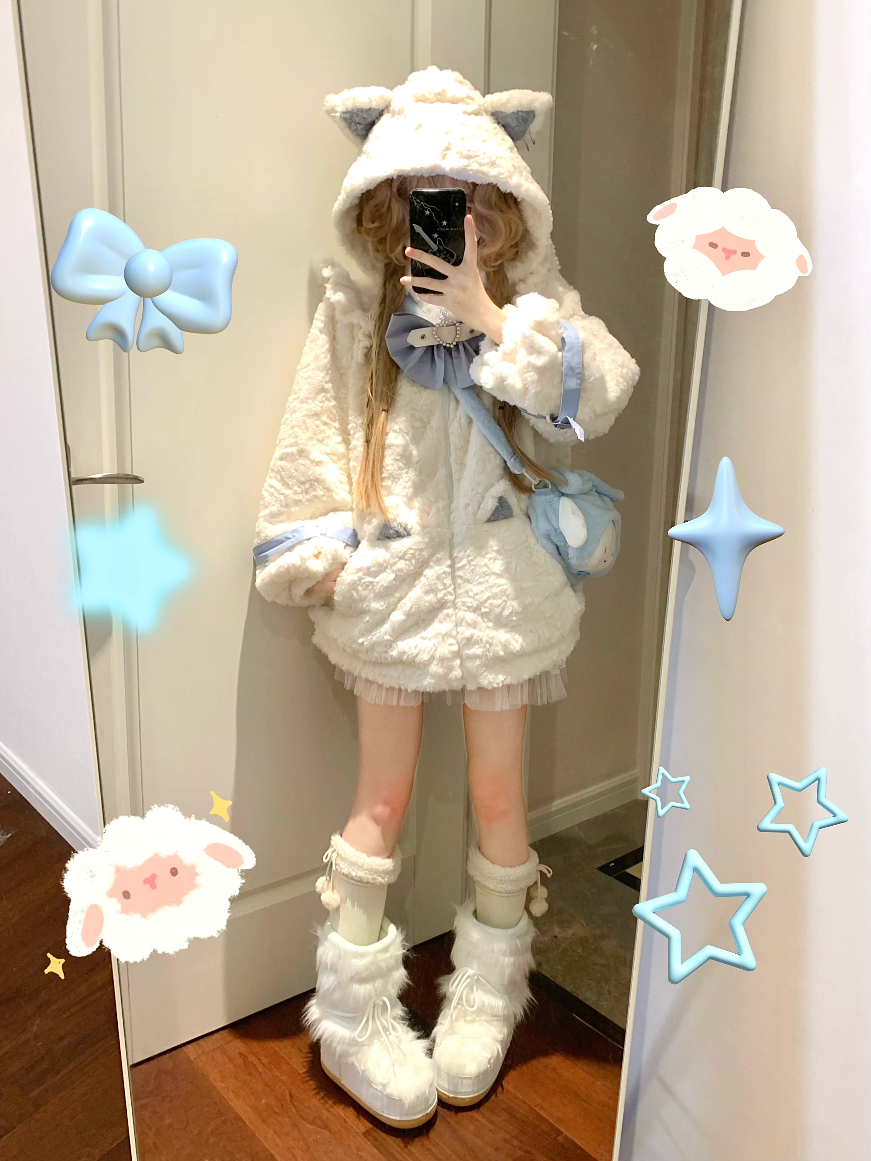 Jirai Kei fleece coat hanging display, showing full coat silhouette, length proportion, and overall aesthetic appeal on hanger