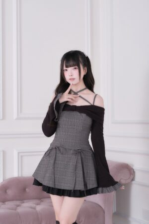 Solid grey halter off-shoulder mini dress with ruffled black hem and contrasting sleeves - Jirai Kei style front view