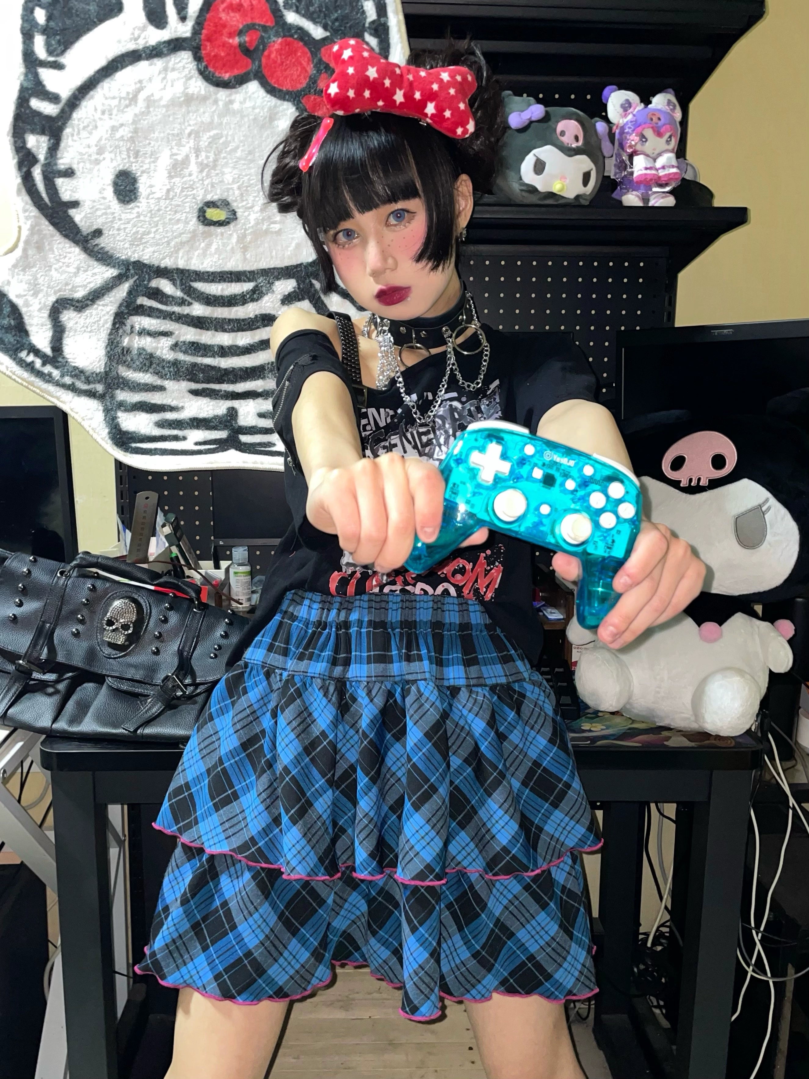 Blue-black plaid Jirai Kei ruffle skirt alternative color option, rosy-red striped trim, punk goth aesthetic showcase