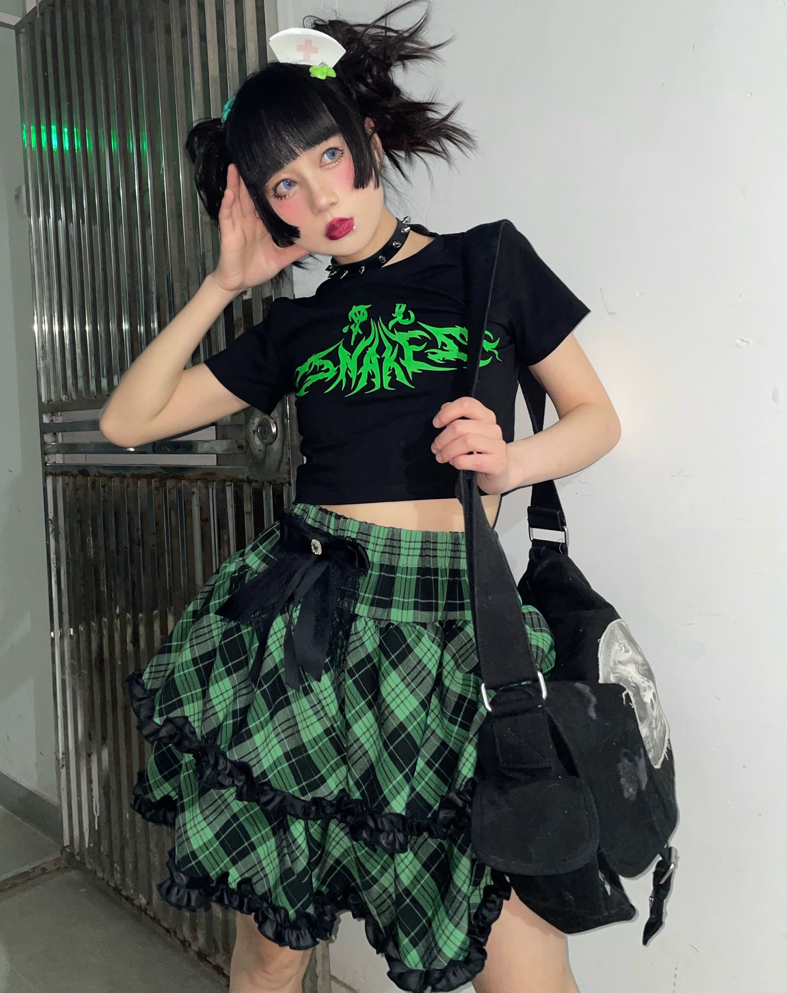Jirai Kei plaid ruffle mini skirt alternative goth styling, punk fashion subculture aesthetic interpretation