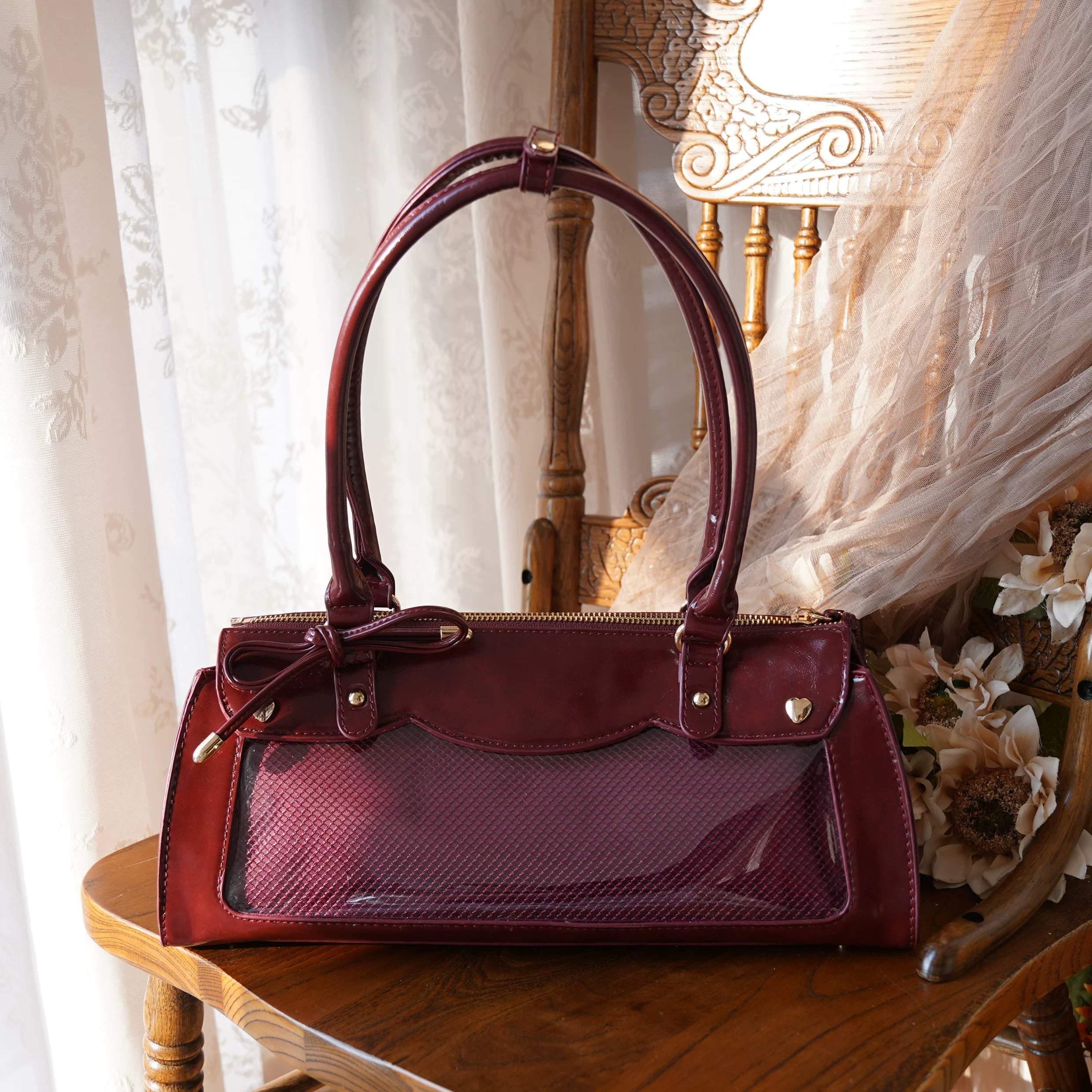 Burgundy vintage baguette itabag with transparent badge display window and removable crossbody strap