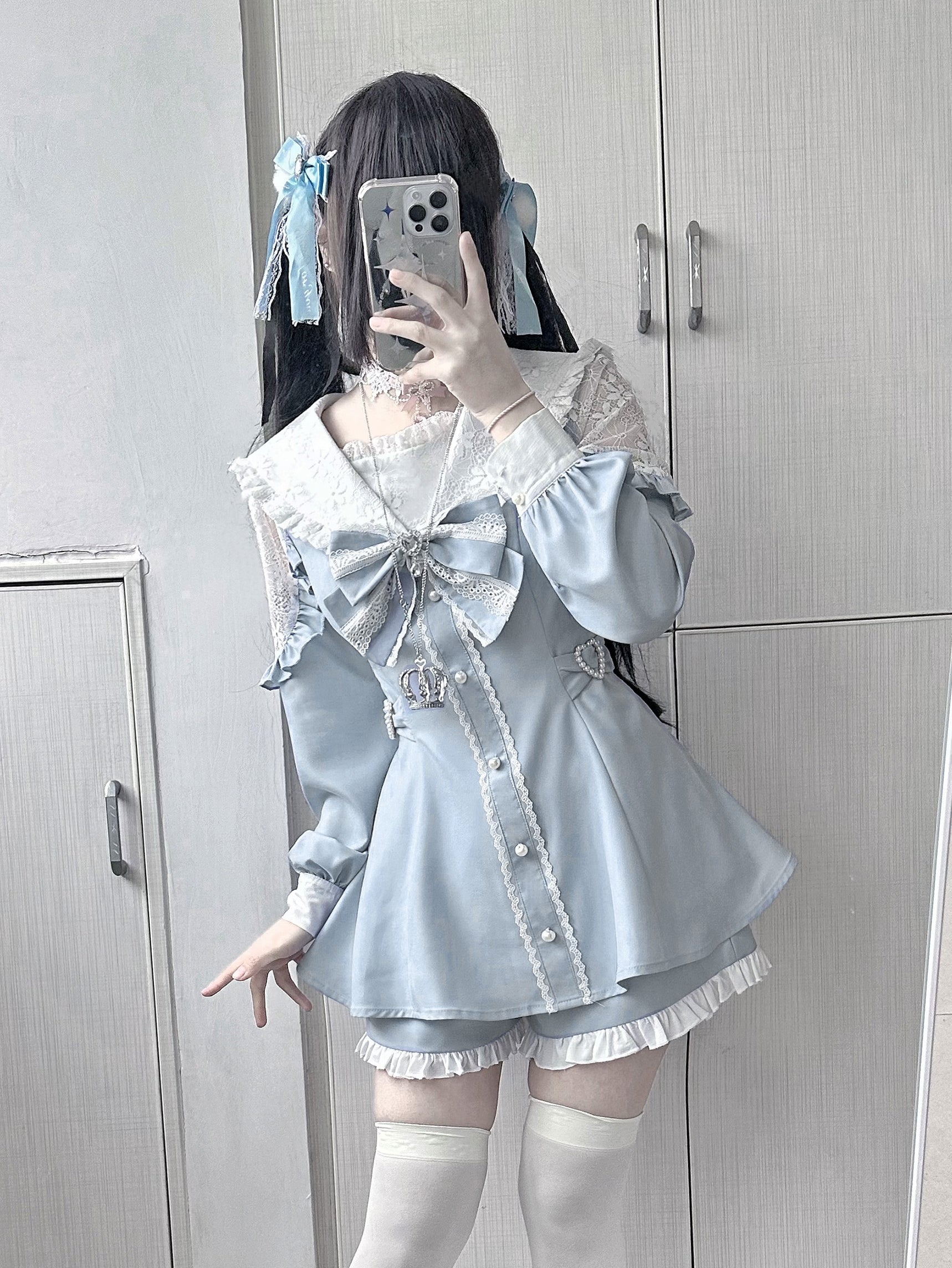 Sailor Jirai Kei dress set sweet lolita crossover styling delicate choker vintage brooches coordination