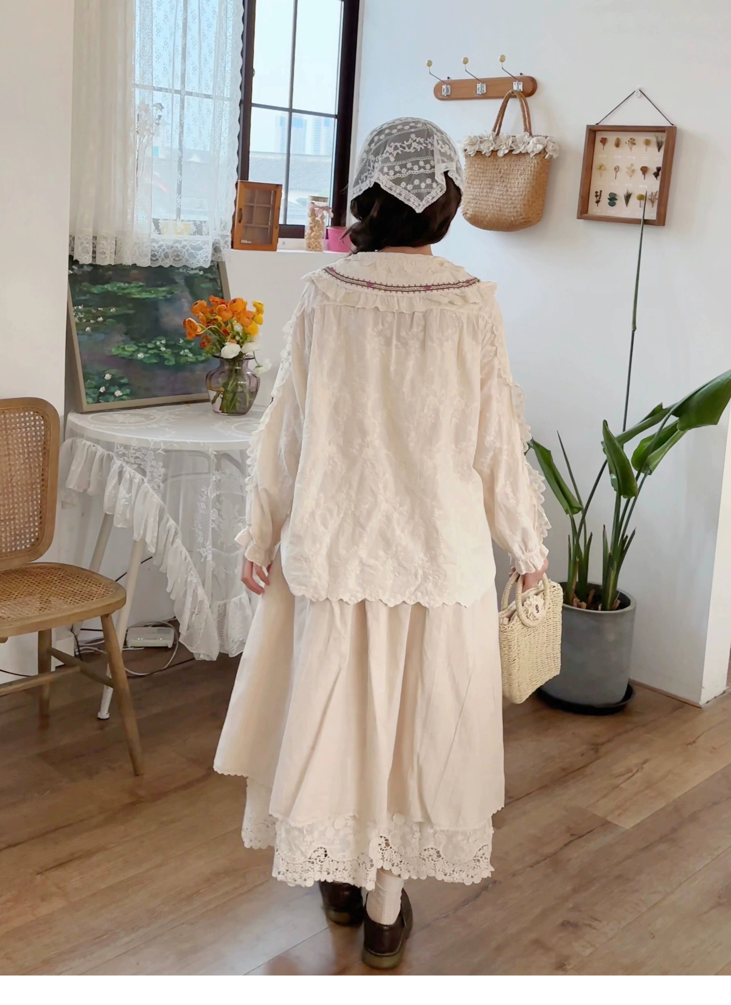 Mori style cottage core skirt beige color with scalloped embroidery hem detail and vintage aesthetic close-up