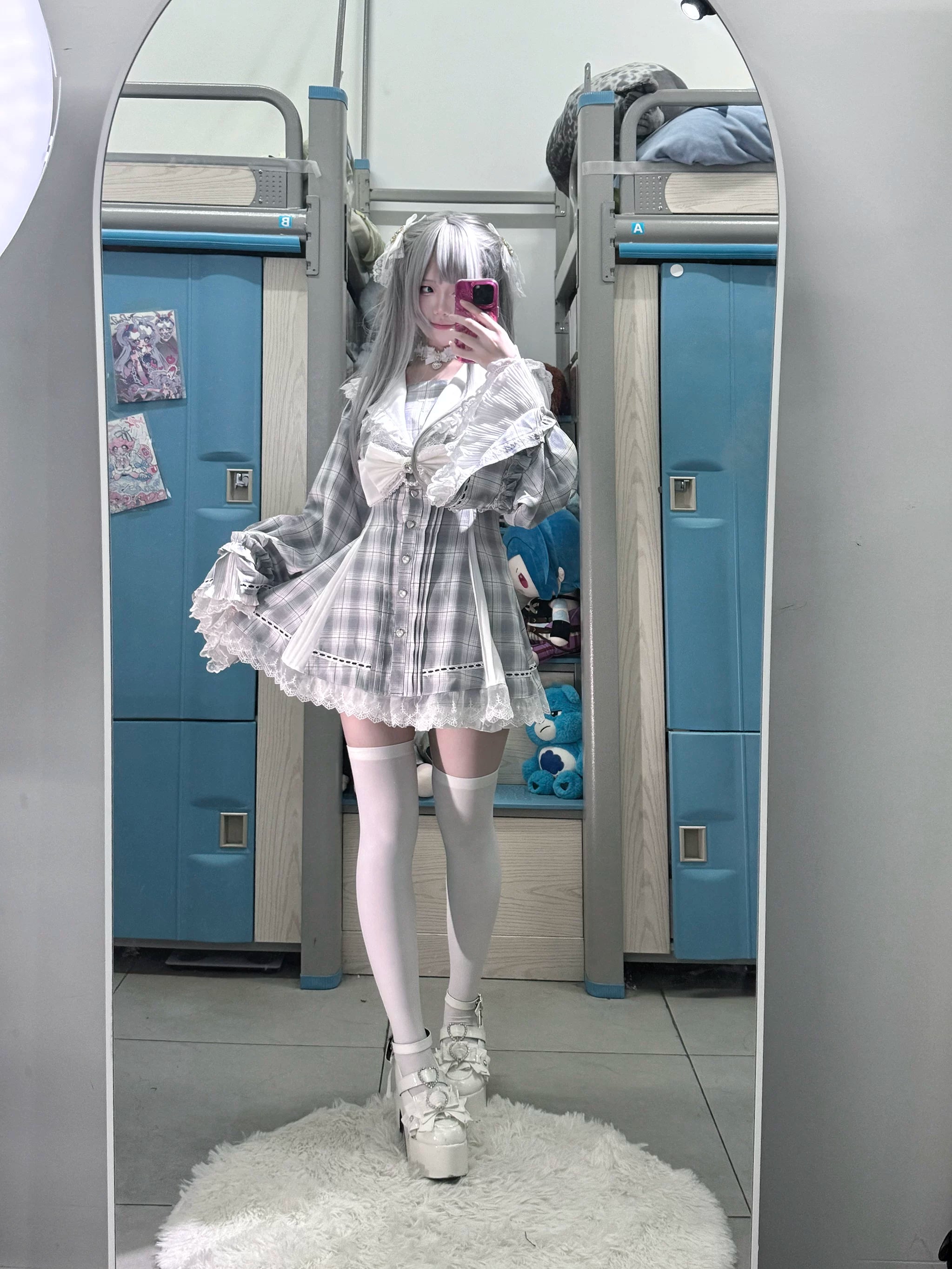 Gray plaid sailor collar Jirai Kei lolita dress styled in dormitory mirror selfie side-back view, featuring white stockings, platform loafers, and romantic dark aesthetic