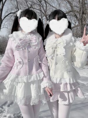 Sweet Jirai Kei wool-blend Ryousangata short coat with heart pockets and lace trim, front view on two models wearing matching pink and cream outfits in snowy park setting