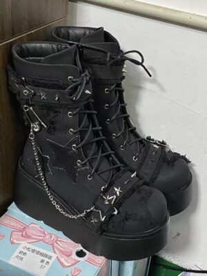Platform combat boots detachable metal star chain showing customizable removable elements for personalized Jirai Kei styling