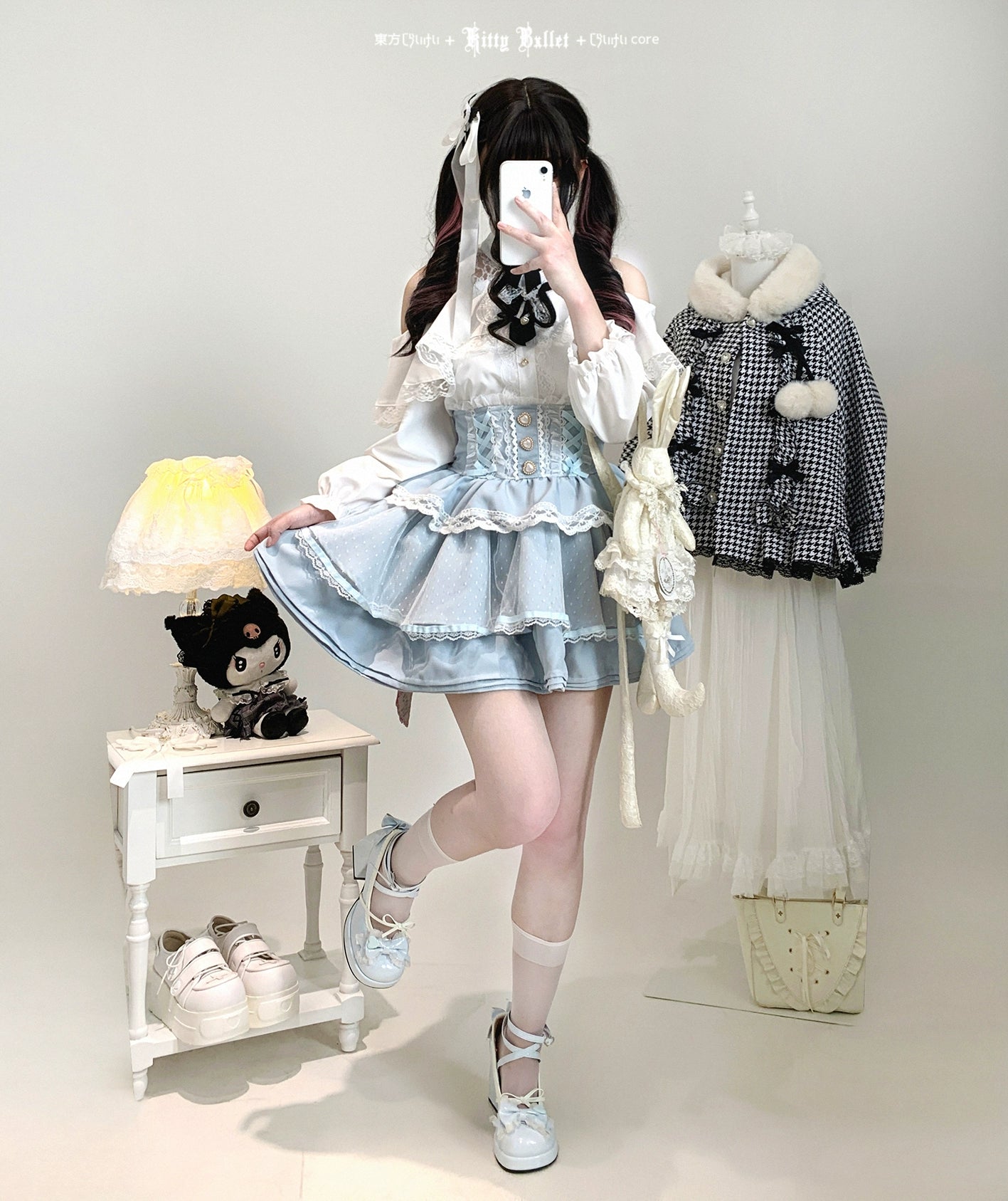 Black and White Ryousangata Tiered Skirt Fashion Shoot - Jirai Kei Edgy Polka Dot Ruffle Editorial Styling