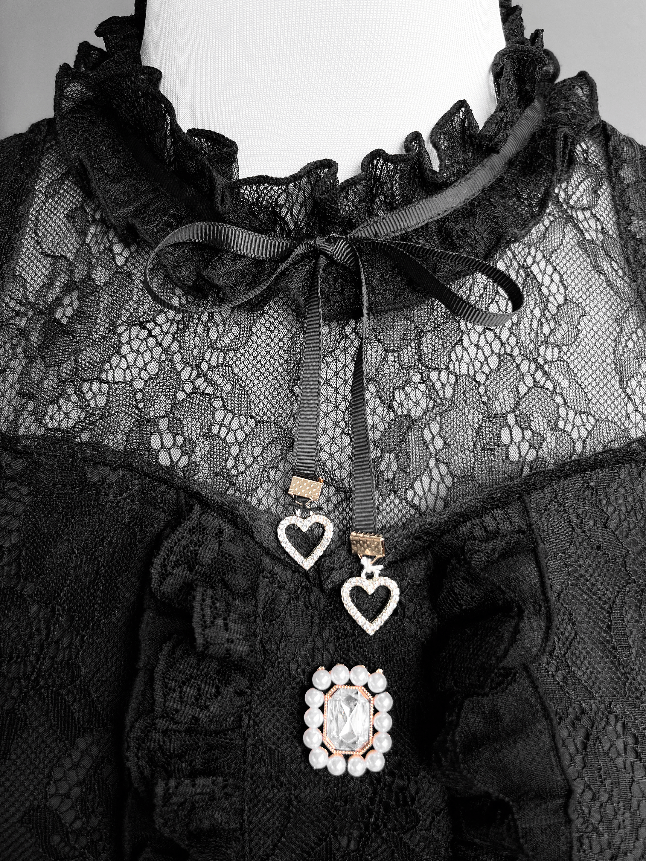 Jirai kei lace collar ruffled detail neckline elegant romantic aesthetic close-up