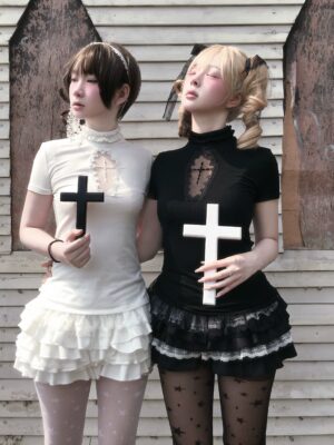 Gothic doll aesthetic set side angle view showing cross details lace trim and layered ruffle skirt construction