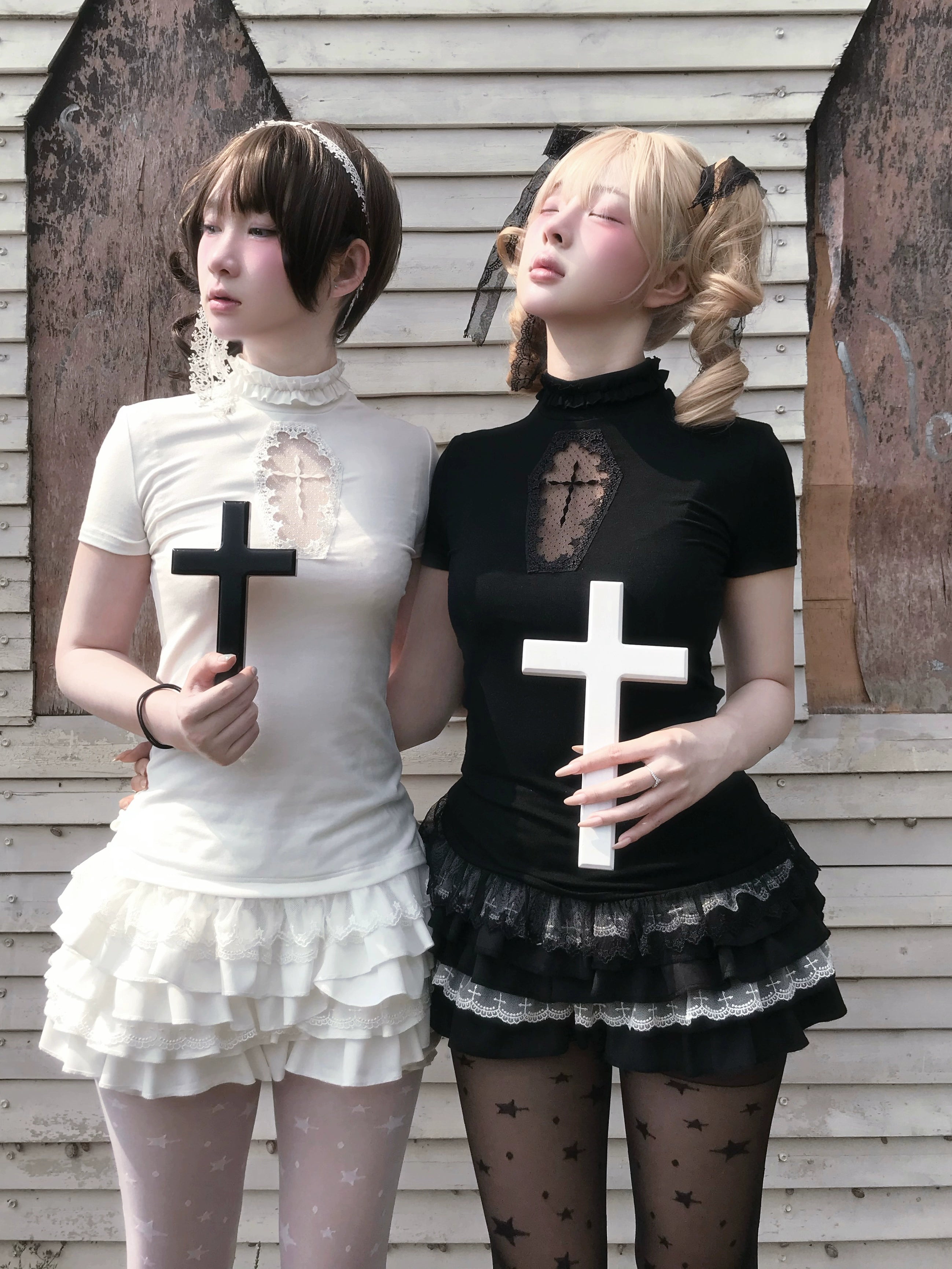 Gothic doll aesthetic set side angle view showing cross details lace trim and layered ruffle skirt construction