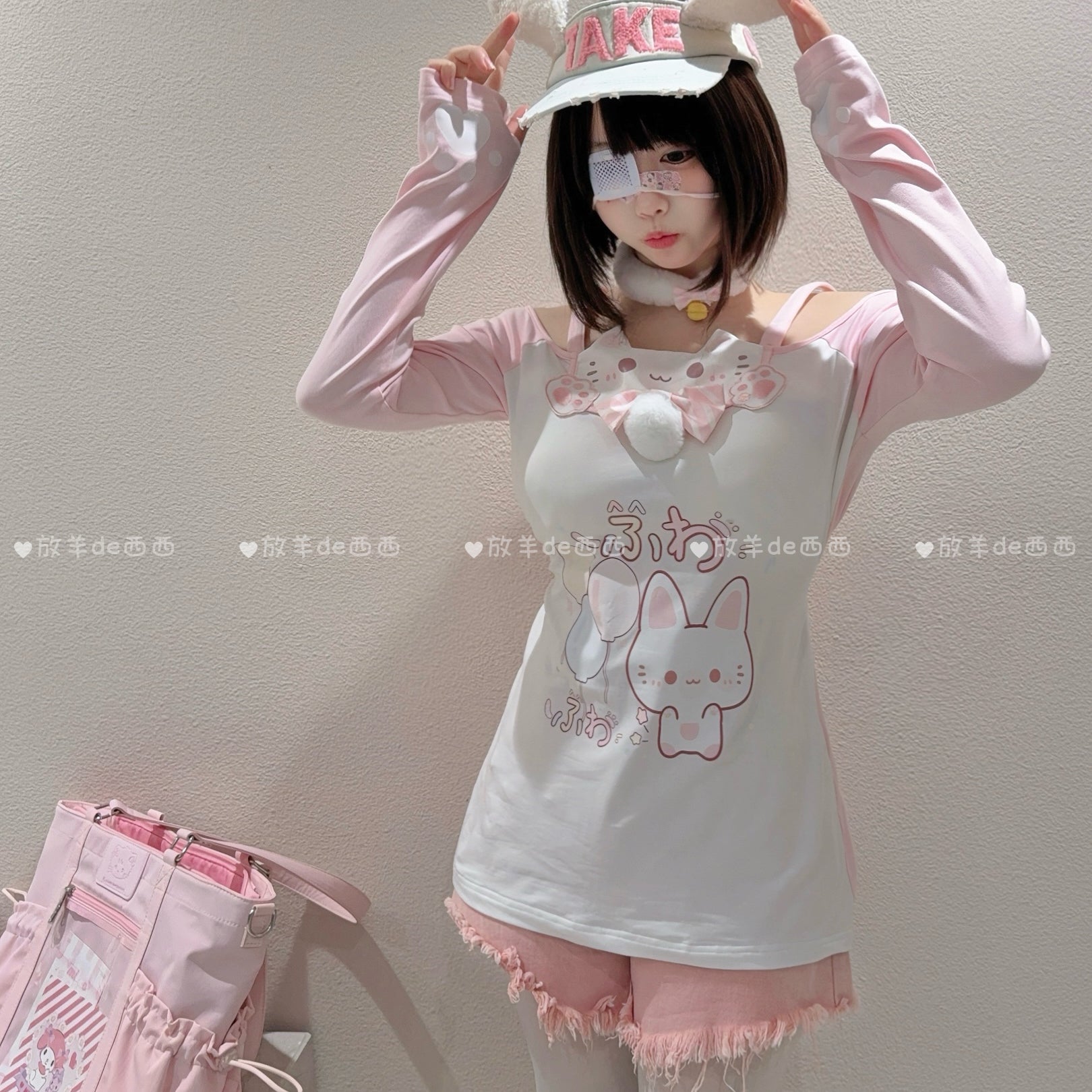 Jirai Kei cat-print off-shoulder top with white fuzzy choker and interchangeable pink and white fuzzy shoulder straps detail shot, closeup showcasing product quality embellishments and strap options