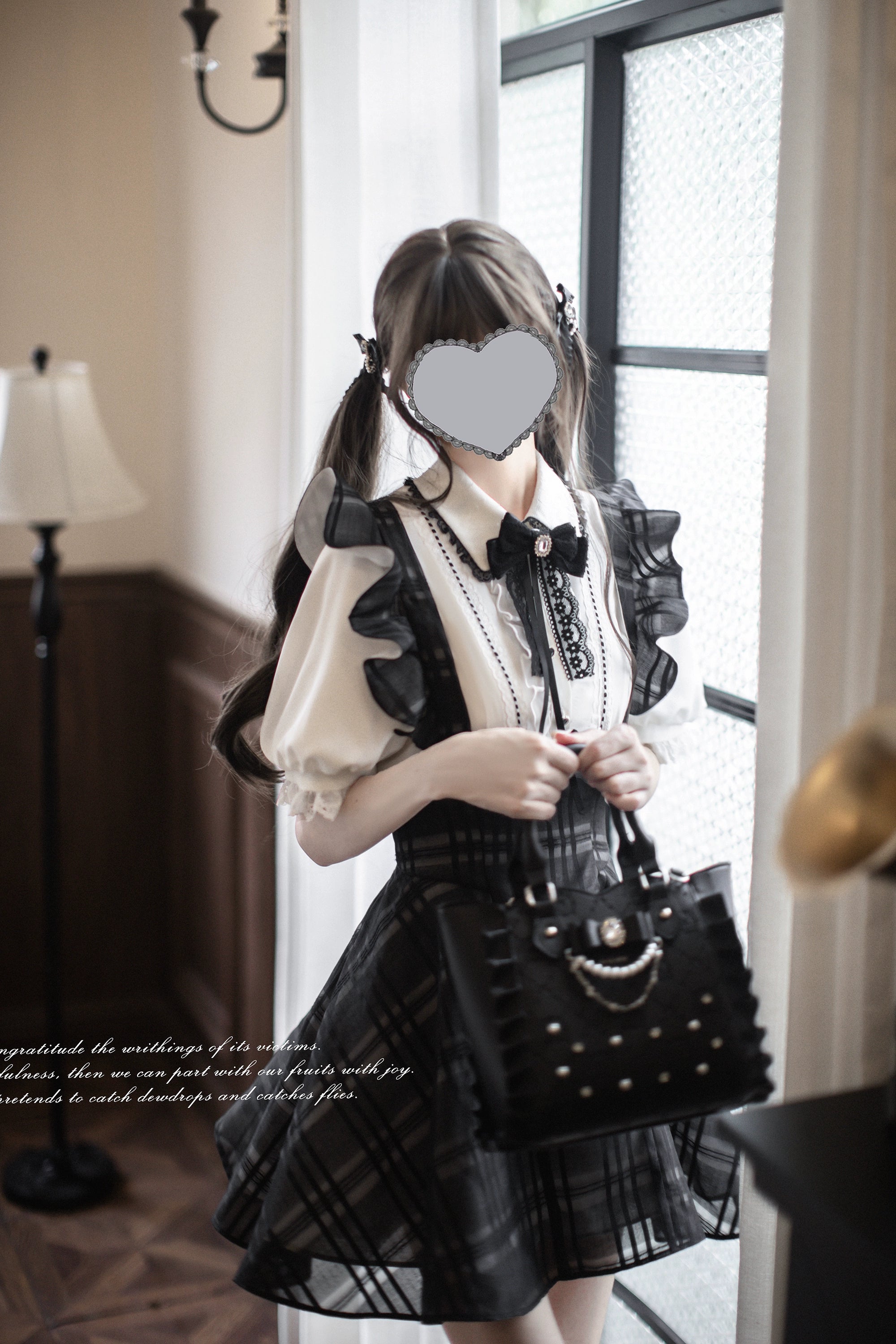 Black Plaid Jirai Kei Suspender Skirt, White Blouse - Image 13