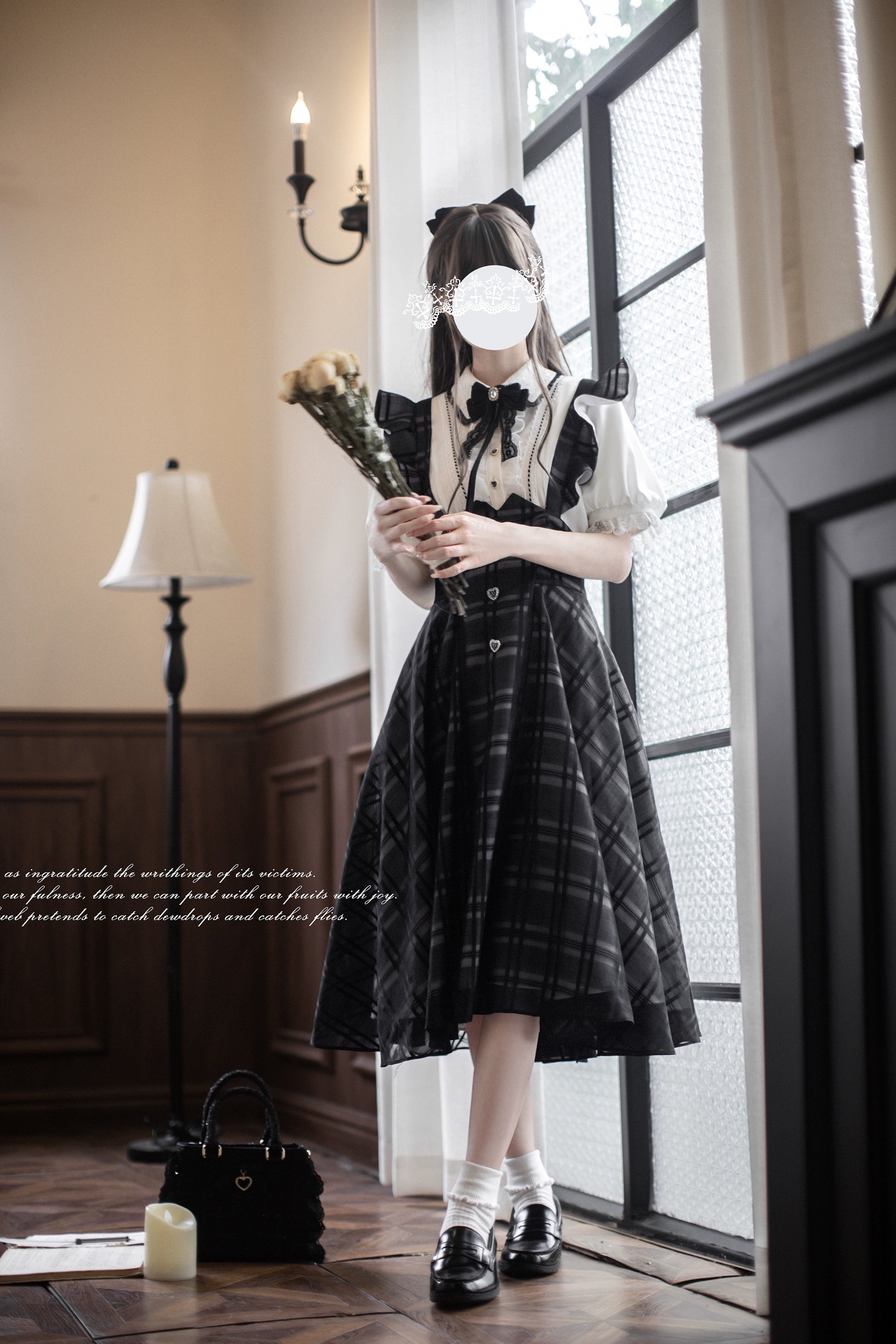 Black Plaid Jirai Kei Suspender Skirt, White Blouse - Image 2
