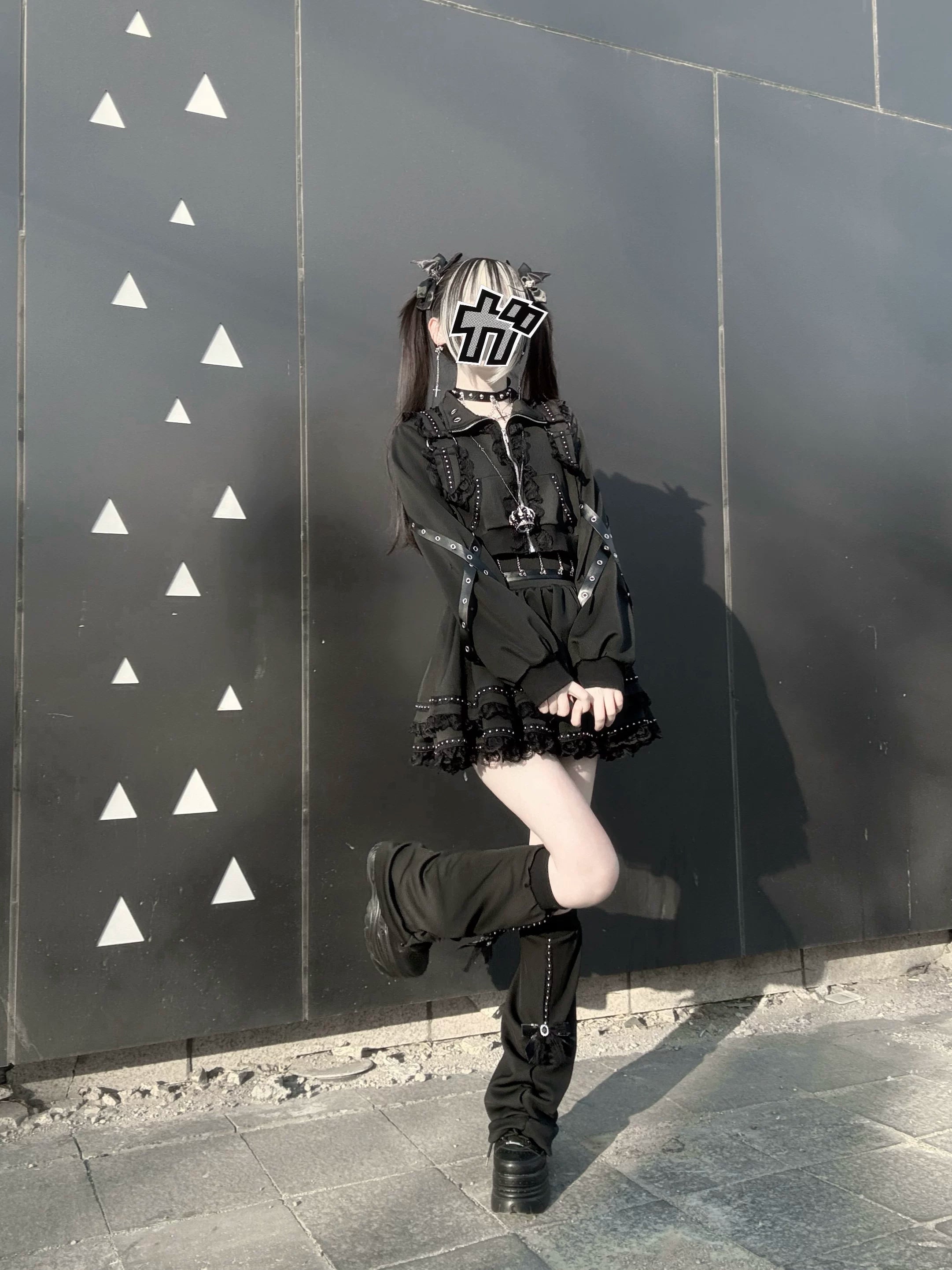 Jirai Kei dark punk jacket studded lace skirt and leg warmers complete outfit underground fashion statement piece